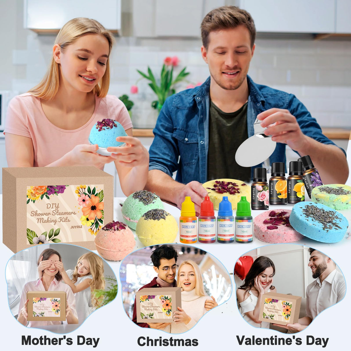 JUYRLE Bath Bomb Making Kit- 49Pcs DIY Bath Bomb Kit for Aldult, Make Your Own Shower Bombs, Spa Craft Kits with Bath Bomb Press, Molds, Bath & Bathing Making Supplies Gifts for Mom Women JUYRLE