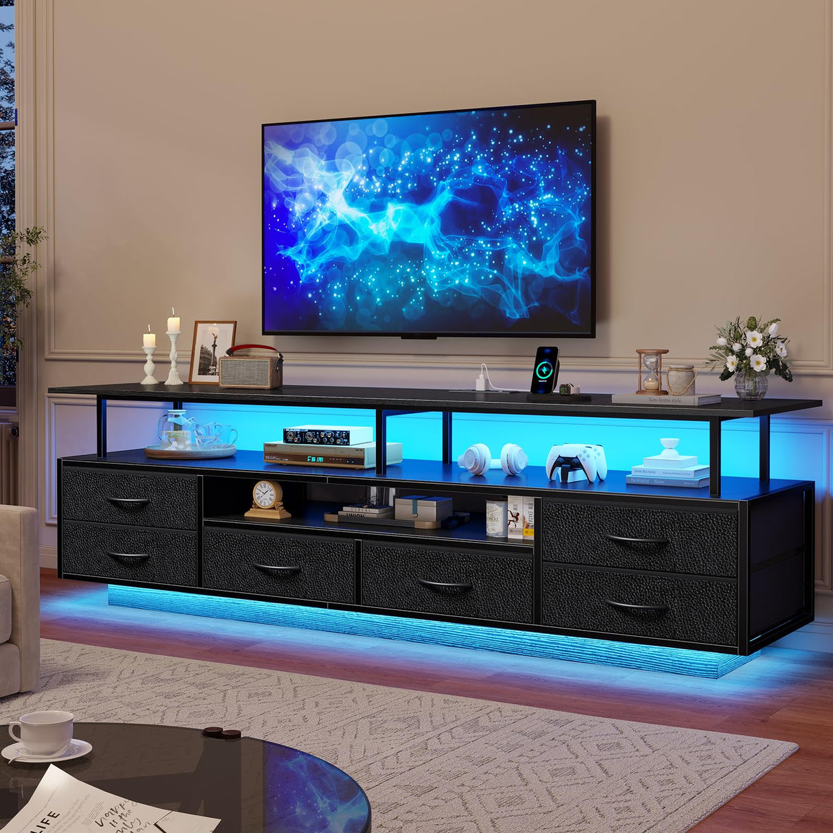 BTHFST TV Stand for 65 70 Inches TV with LED Lights & Power Outlets, Entertainment Center with Open Shelves & 6 PU Fabric Drawers, TV Media Console Table for Living Room, Bedroom, Black BTHFST