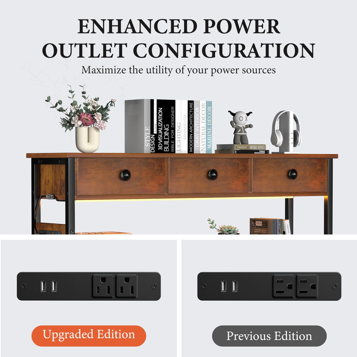 Keelian 47" Entryway Table with Outlets: Console Table with 3 Wood Drawers and Storage Shelves, USB Ports, LED Light Strip for Sofa, Living Room, Hallway, Foyer, Couch, TV and Aquarium Stand Keelian