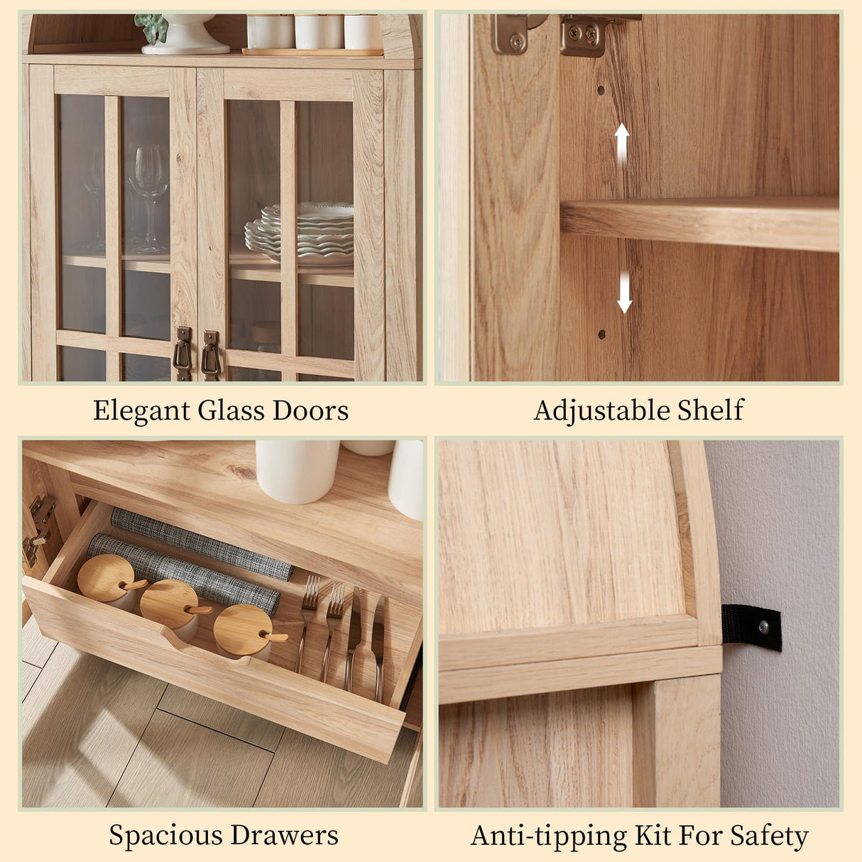 71" Tall Arched Kitchen Pantry Storage Cabinet with Glass Doors, 5 Tier Modern Bookshelf with 2 Drawers, Wooden Storage Cabinet with Doors and Shelves for Living & Dining Room, Bathroom, Laundry Room Okvnbjk