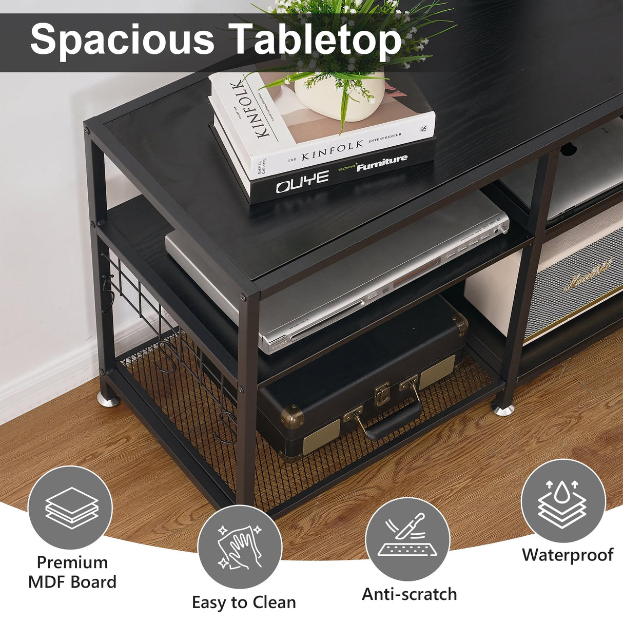 VECELO TV Stand with Mount and Power Outlet, Height Adjustable Entertainment Center with Storage Shelves for 32/55/65/70/75 inches Televisions, Console Table for Living Room, Bedroom, Matte Black VECELO