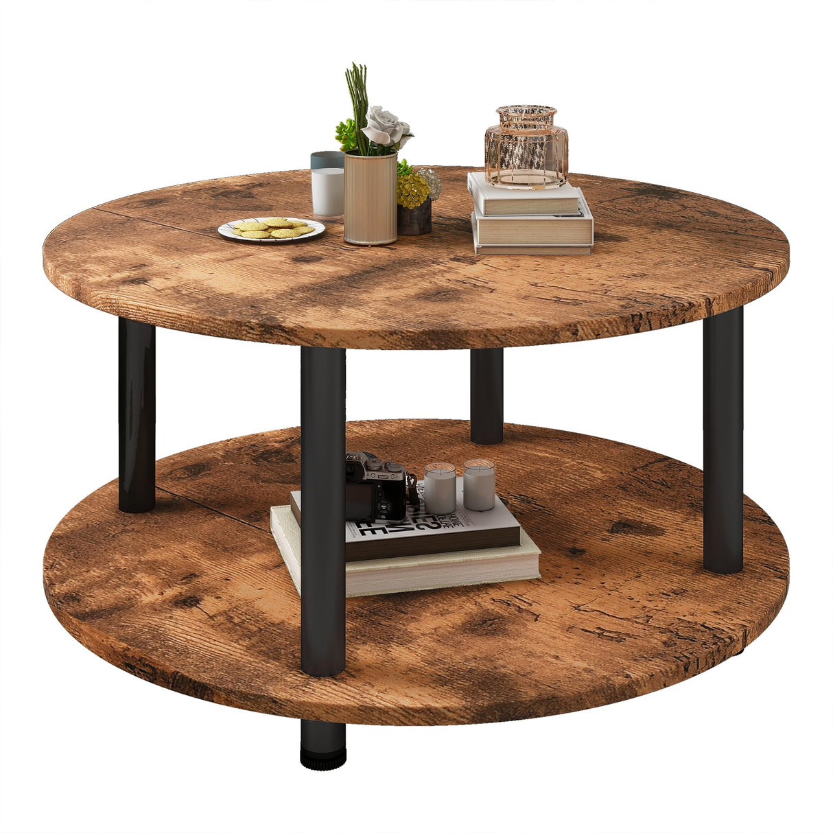 VERFARM 23.6" Round Coffee Table, 2-Tier Small Circle Coffee Table with Storage, Modern Center Accent Table with Metal Frame, Side Table End Table for Small Space, Living Room, Office, Rustic Brown VERFARM