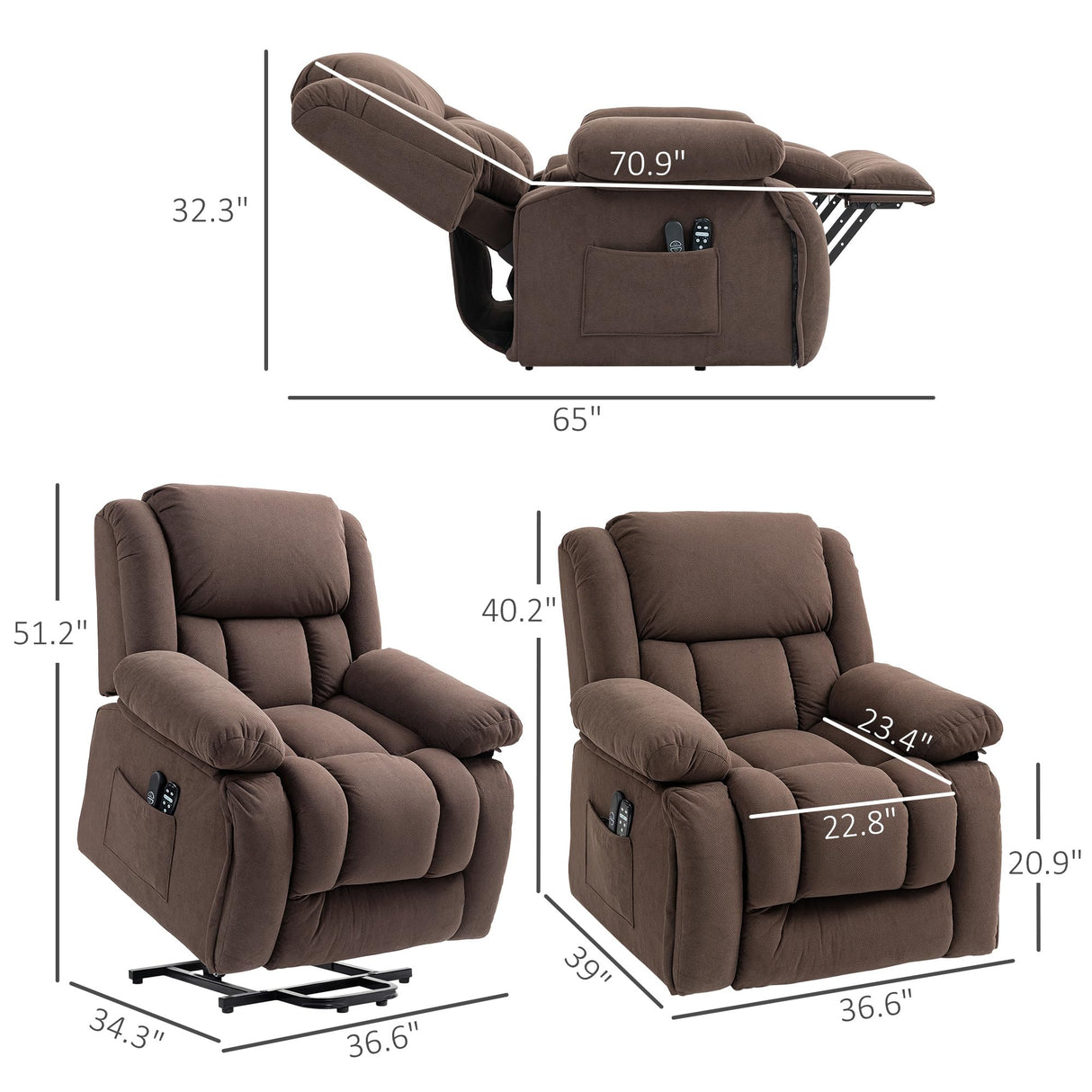 HOMCOM Power Lift Recliner Chair for Elderly with Vibration Massage and Heat, Overstuffed Reclining Chair with Remote, USB Port and Side Pockets, Single Sofa with Pocket Spring, Brown HOMCOM