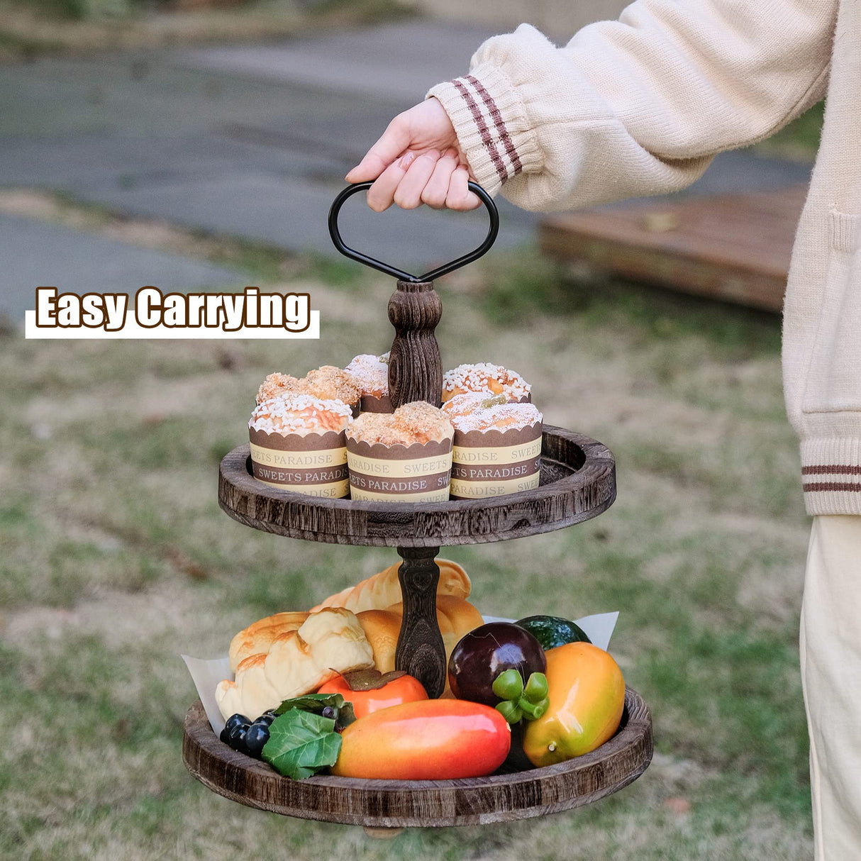 Mustry Rustic Wooden 2 Tiered Tray, Round Farmhouse Kitchen Table Decor Serving Tier Tray, Food Fruits Cupcake Display Coffee Bar Home Party Seasonal Decorations (Brown) mustry