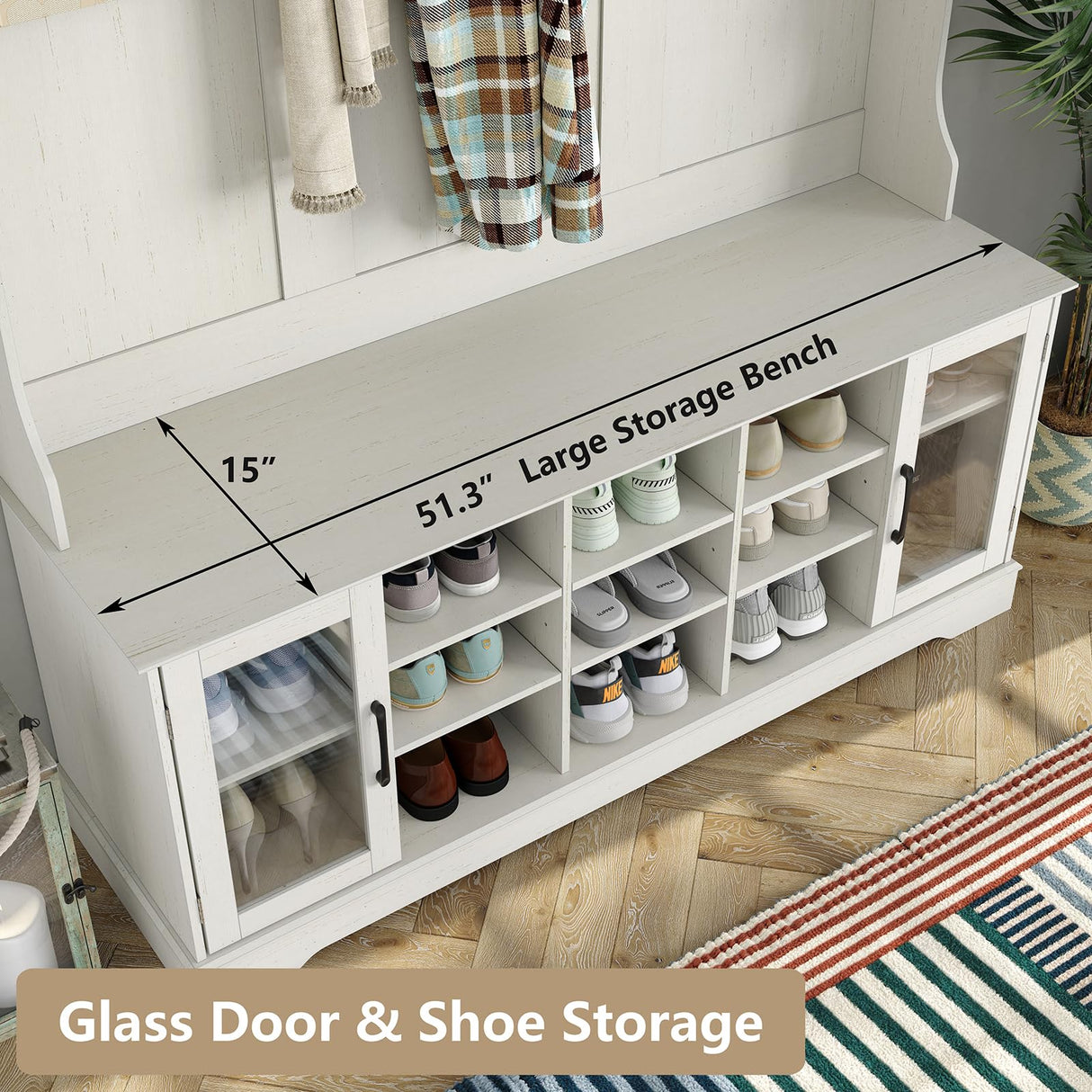 Furnihold 51.3'' Hall Tree, Off White Entryway Bench with Coat Rack, 10 Shoe Storage & 7 Coat Hooks & Adjustable Shelf, Glass Door Farmhouse Wooden Style Hall Tree with Shoe Storage Bench Furnihold