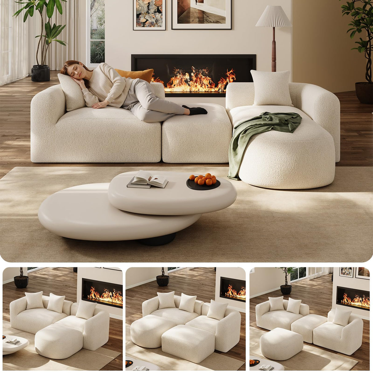 OUYESSIR Modern Oversized Curved Sectional Sofa for Living Room, 119" Luxury Plush Chenille Convertible Modular Sectional Sofas with Ottoman,Minimalist L-Shape Curved Cloud Couch, Cream White OUYESSIR