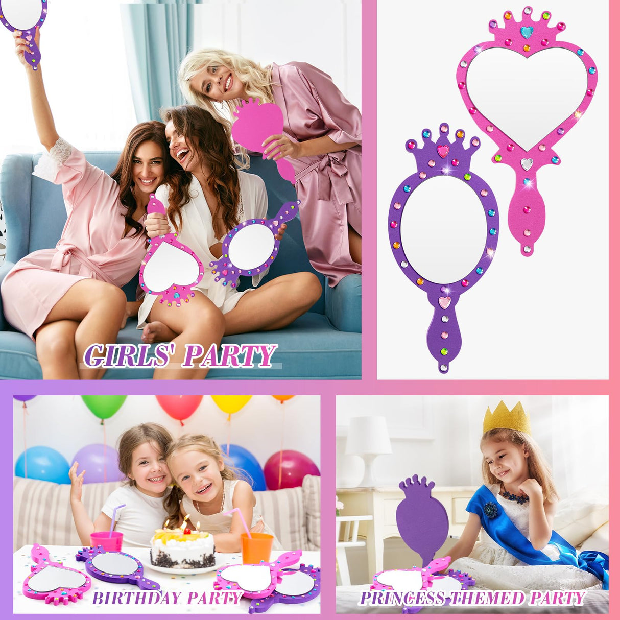 Geetery 20 Pcs Unbreakable Kids Mirror DIY Decorate Your Own Princess Mirror Mermaid Princess Foam Small Crafts for Princess Party Decorations(Purple, Pink) Geetery