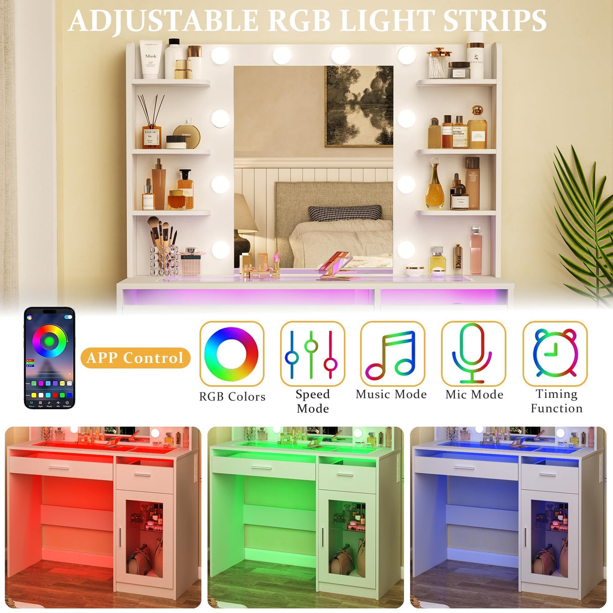 HUAHUU Vanity Desk with Mirror and Lights, Makeup Vanity Desk with Lights 3 Colors, Transparent Top Vanity with 2 RGB Drawers, 6 Shelves, Large Tempered Cabinet, Power Outlet, for Bedroom, White HUAHUU