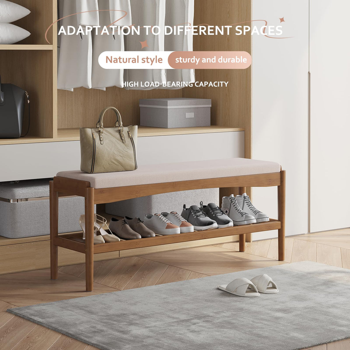 STDDRE Shoe Bench Entryway Bamboo 2-Tier Shoe Rack with Cushion Padded Seat Shoe Bench Organizer Stable for Entry, Hallway, Living Room, Bedroom, Closet (39.4 * 11.4 * 16.5IN, Brown-Beige) STDDRE