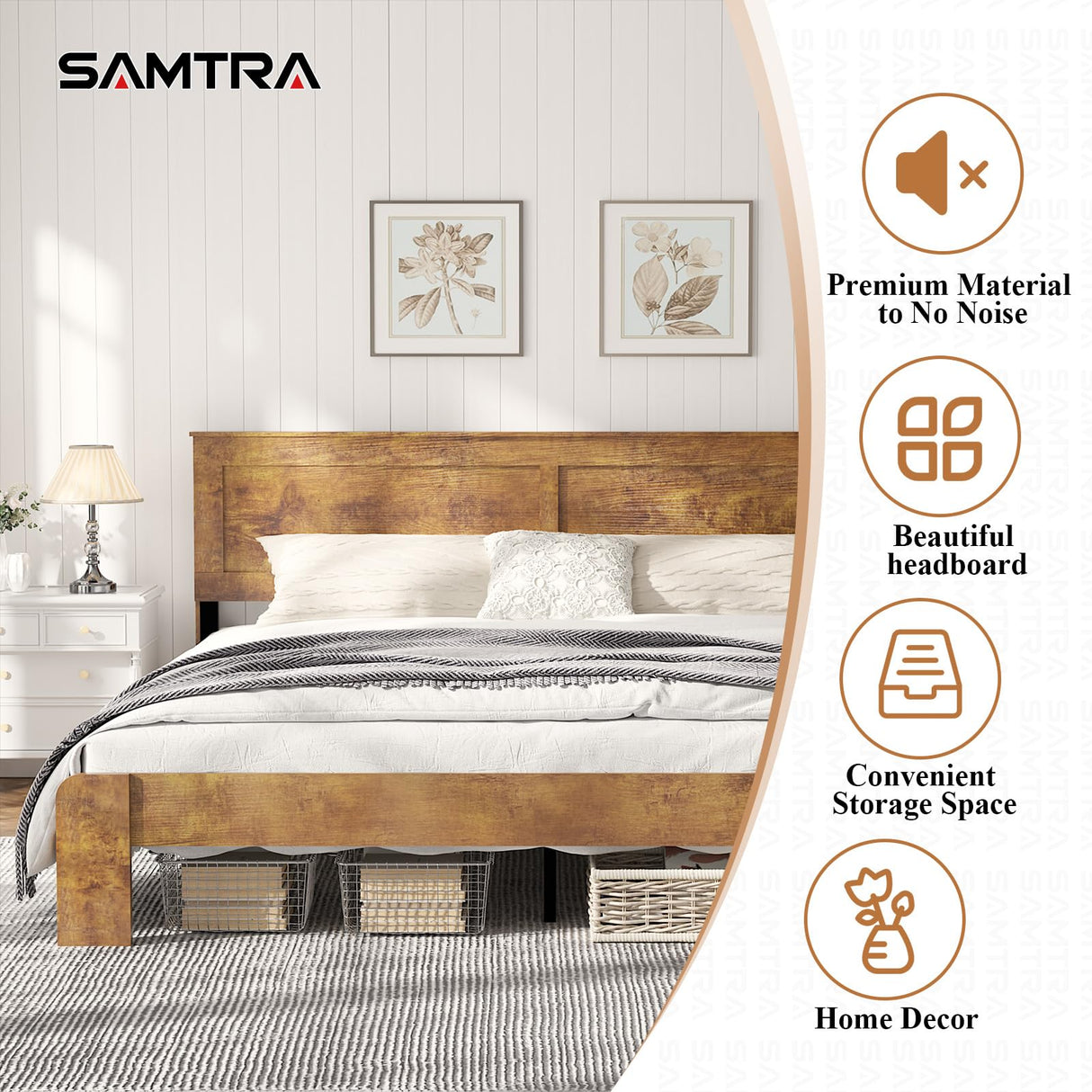SAMTRA Wooden Bed Frame King Size with Headboard, Farmhouse Platform Bedframe with Wood Slat Support, Sturdy Framework Bed Frame, Easy Assembly (Rustic Brown) SAMTRA