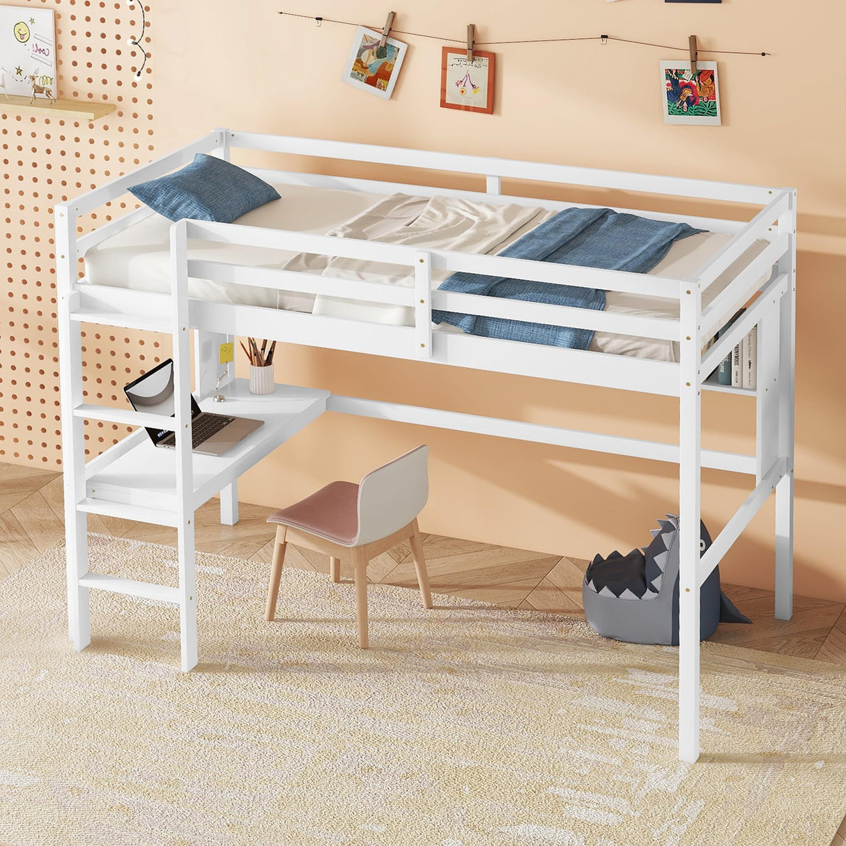 Twin Size Loft Bed with Desk for Kids,Solid Wood Loft Bed Frame with Bookcase,Loft Bed Twin with Storage,Space-Saving Loft Bed for Teens Adults,White Bellemave