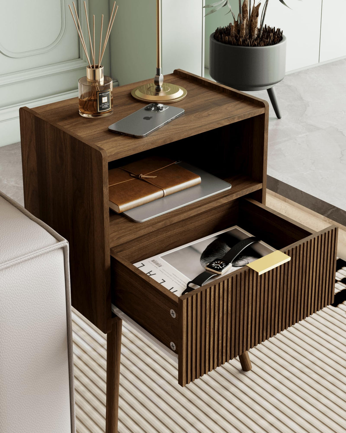 Veegle Nightstand,Modern Bedside Table with Storage Drawer and Open Wood Shelf, for Living Room, Bedroom and Small Spaces, Accent Night Stand with Solid Wood Legs, Easy Assembly,Walnut Brown Veegle