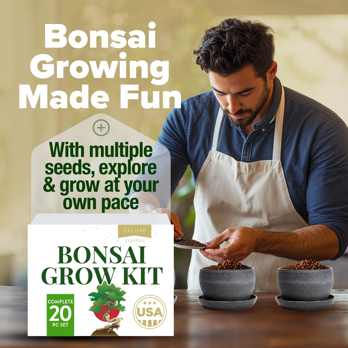 HOME GROWN Bonsai Tree Kit – Grow 4 Bonsai Types Indoors with Complete Starter Kit Including Pots Peat Pellets and Bonus Grow Guide – Unique Gardening Gift for Men Women Beginners HOME GROWN