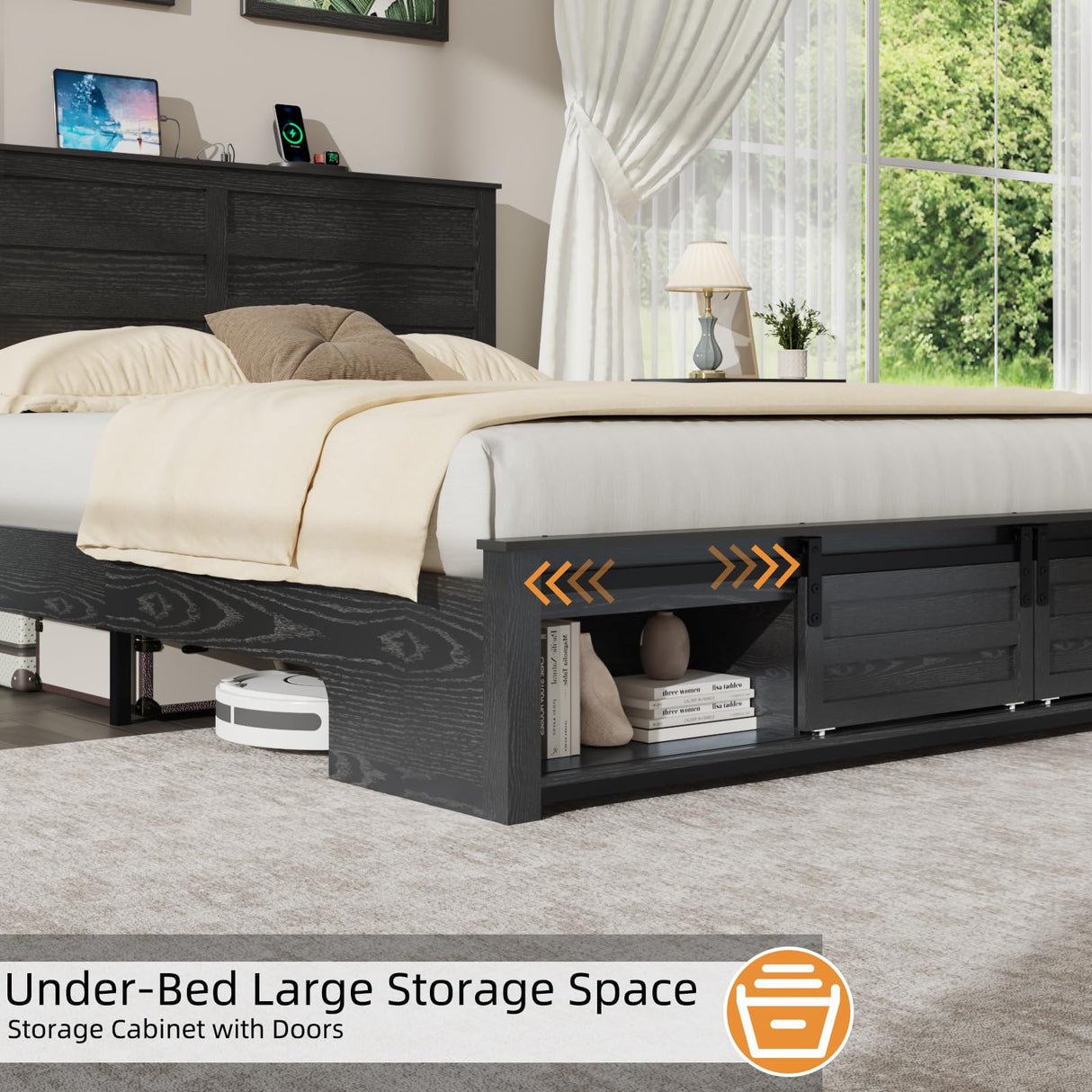 Full Bed Frame with Storage Headboard, Metal Platform Bed Frame with 3 Storage Compartments, Built-in Charging Station and LED Lights, No Box Spring Required, Noiseless, Easy Assembly,Antique Black QNICE