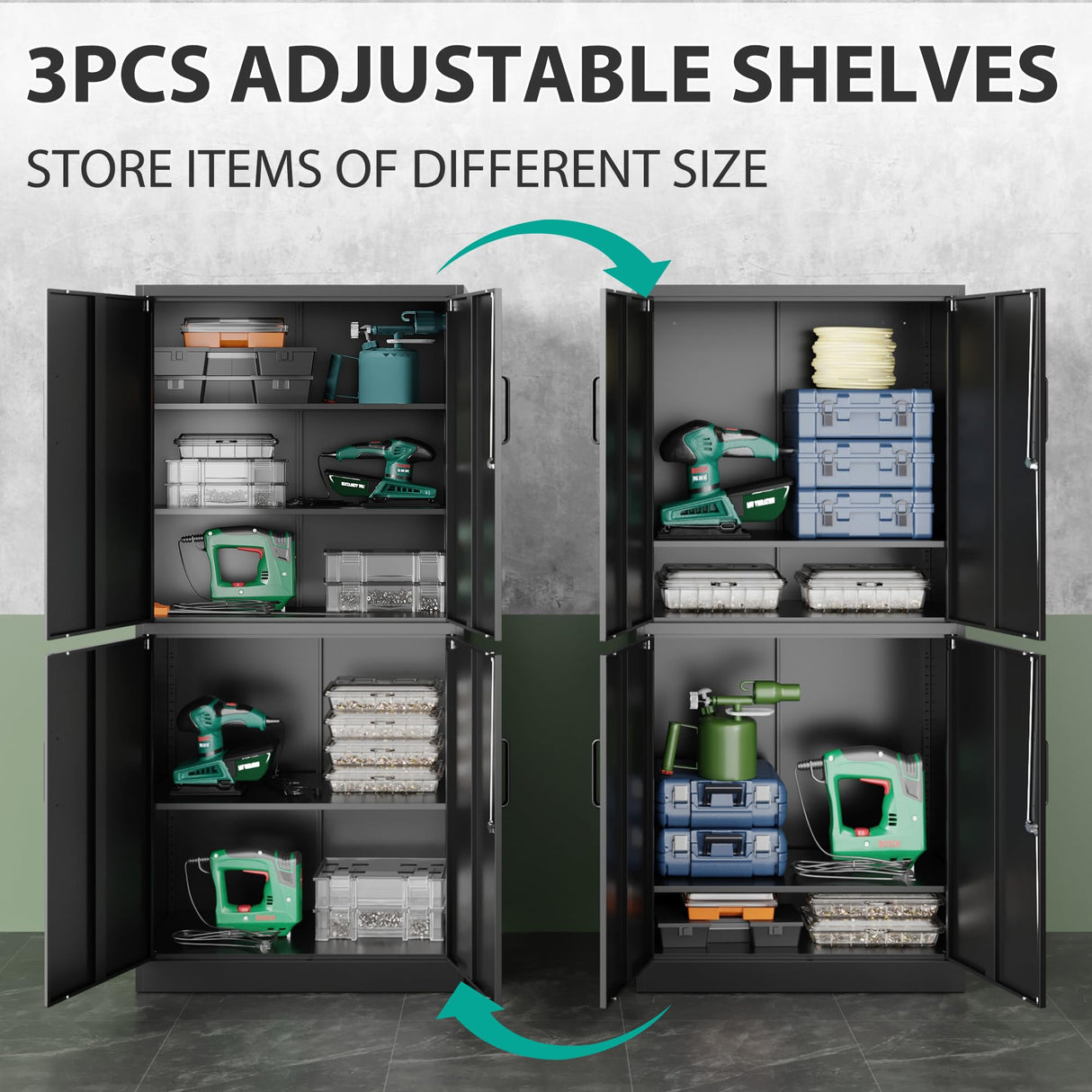 Metal Storage Cabinet with 3 Adjustable Shelves,Garage Storage Cabinet with Lock,Black Metal Cabinet with Locking Doors,Steel Cabinet 4 Doors,71" Lockable Storage Cabinet for Garage,Home,Office SISESOL