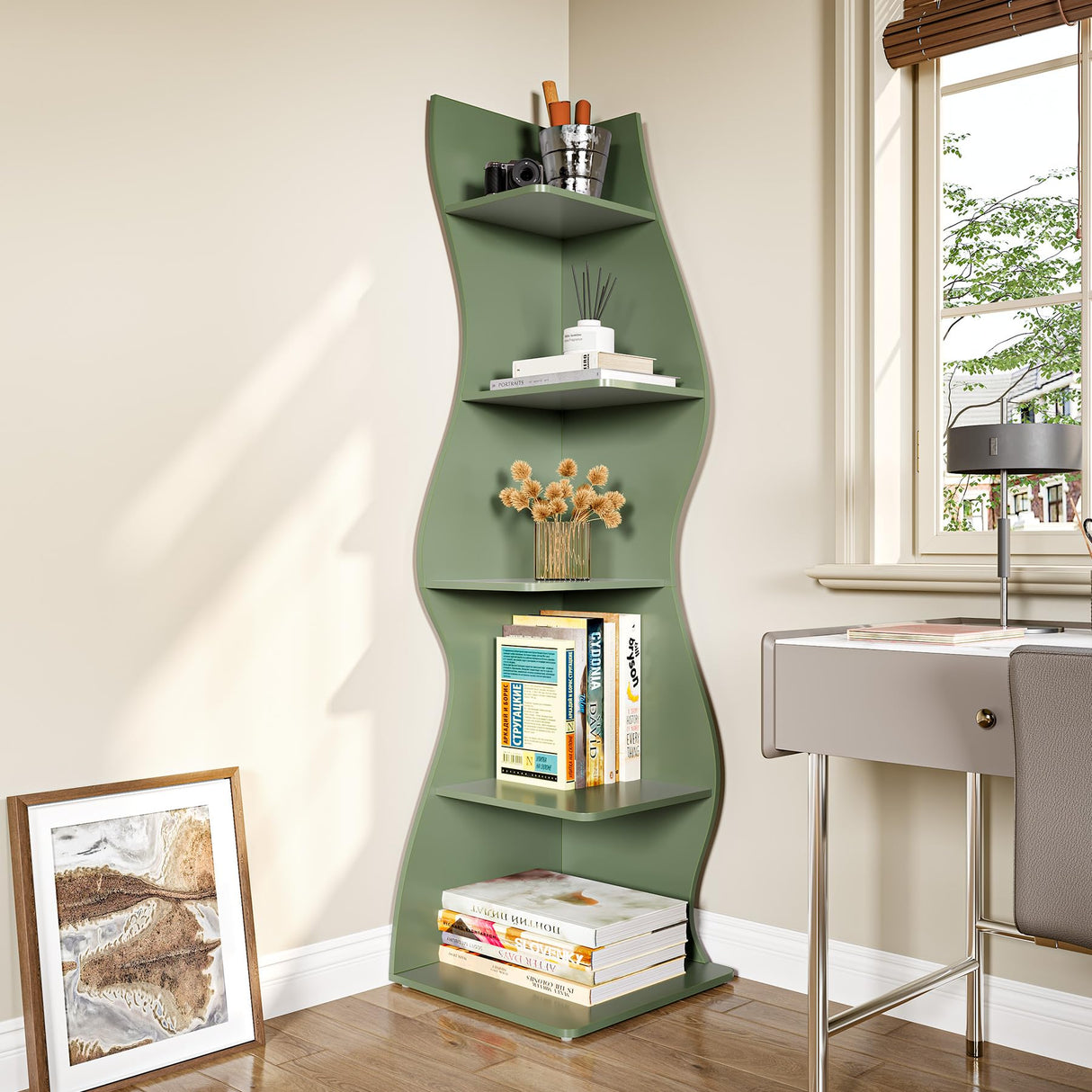 LITTLE TREE Small Corner Shelf, Modern 5-Tier Wall Corner Bookshelf, Stylish Bookcase Storage Rack for Small Space, Living Room, Bedroom LITTLE TREE