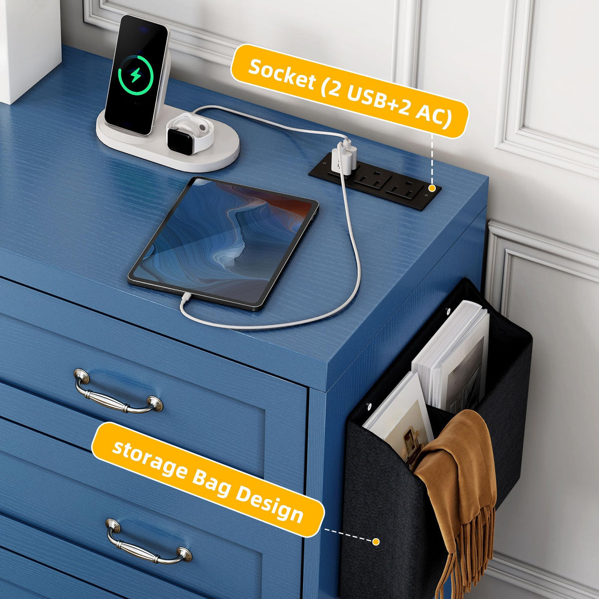 DWVO Farmhouse 7 Drawer Dresser for Bedroom, 59" Wide Large Modern Dresser TV Stand with Drawers & Bar Handles, Storage Dressers with Power Outlets, Rustic Wood Chest of Drawers, Blue Upgraged DWVO