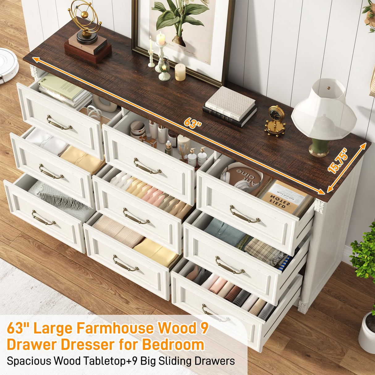 Farmhouse Wood 9 Drawer Dresser for Bedroom,Embossed Roman Column Wood Rustic 63 Inch Wide Dresser & Chest of Drawers with Rustic Handles,Tall Storage Organizer for Bedroom(Antique White) chartustriable