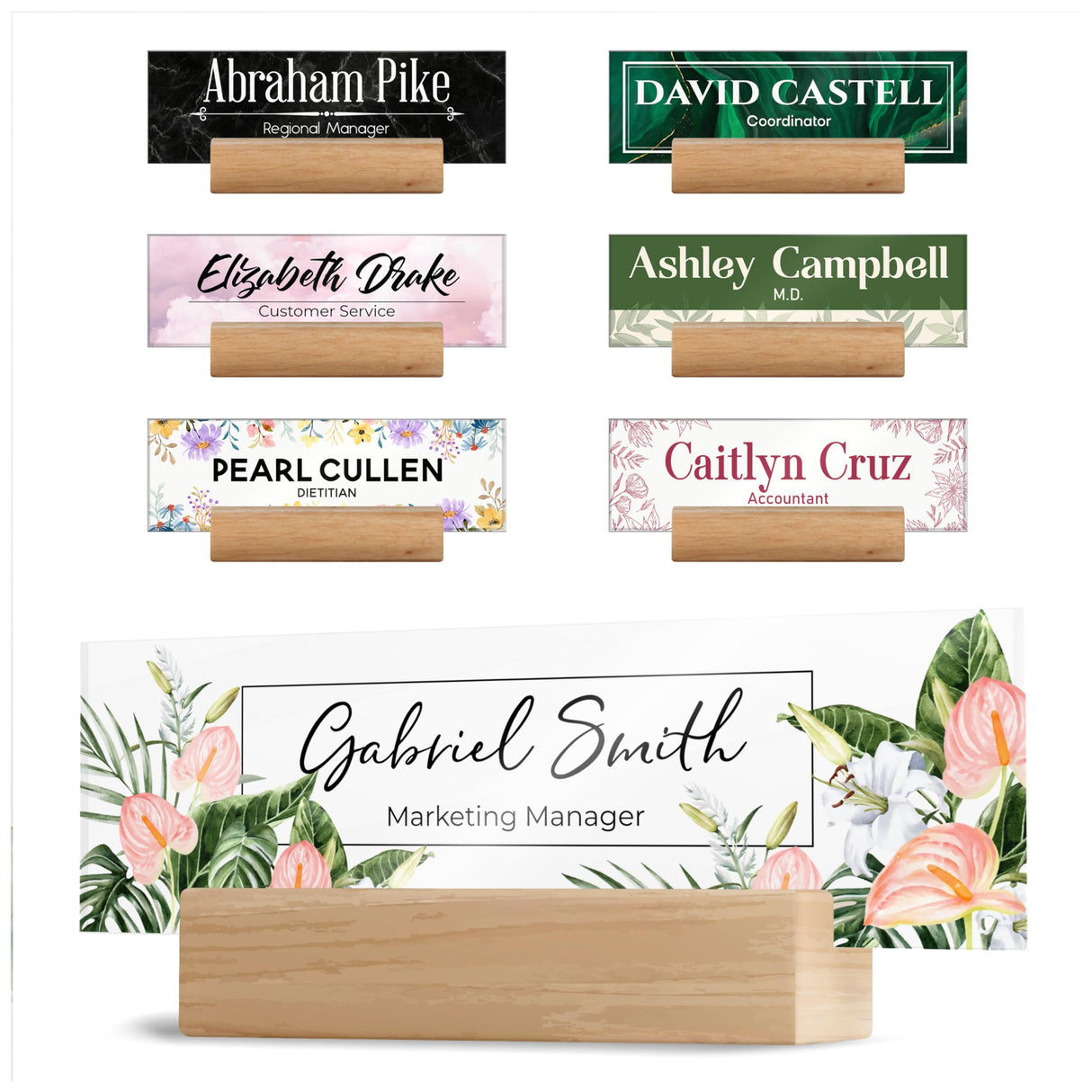Acrylic Desk Name Plate Personalized with Wooden Base - 28 Backgrounds - Custom Name Plate for Desk, Office Decor, Teacher Appreciation Gifts Brd Gifts