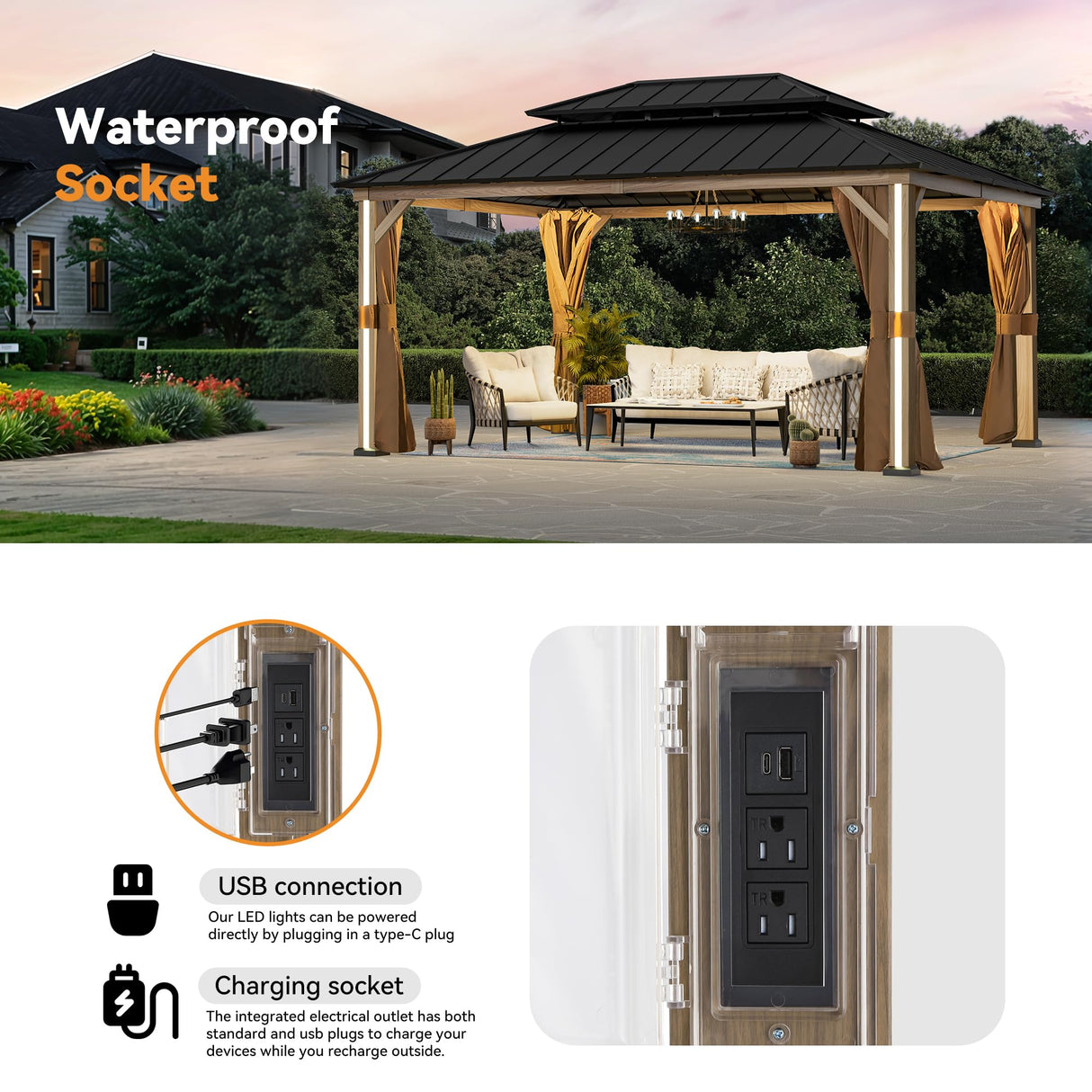 Modern Shade Hardtop Gazebo 12' x 16' with 4 LED Lights, Outdoor Gazebo with Double Roof, Aluminum Frame, Patio Pavilion with USB Charging Port Deck, Mosquito Netting and Curtains, Wood Looking Modern Shade Outdoor Living Spaces