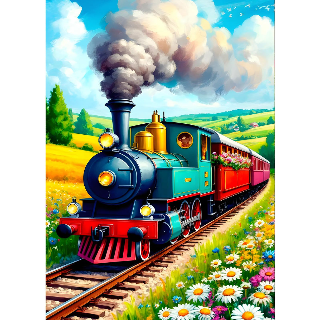 GDYEEH DIY Train 5D Diamond Art Kits, Round Full Drill Sparkling Wildflowers Diamond Painting Picture, Steam Train Painting by Numbers Art Kits for Adults Beginners Home Wall Decor 12x16 inch GDYEEH