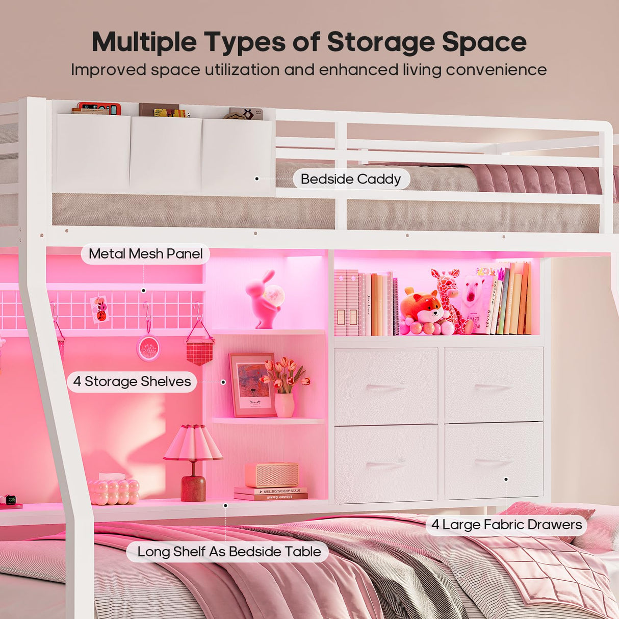 BTHFST Bunk Bed Twin Over Twin with 4 Storage Drawers & Shelves & Bedside Caddy, Twin Bunk Beds with Charging Station & Led Lights, Metal Bunk Bed with Safety Guardrail & Angled Ladder for Kids, White BTHFST