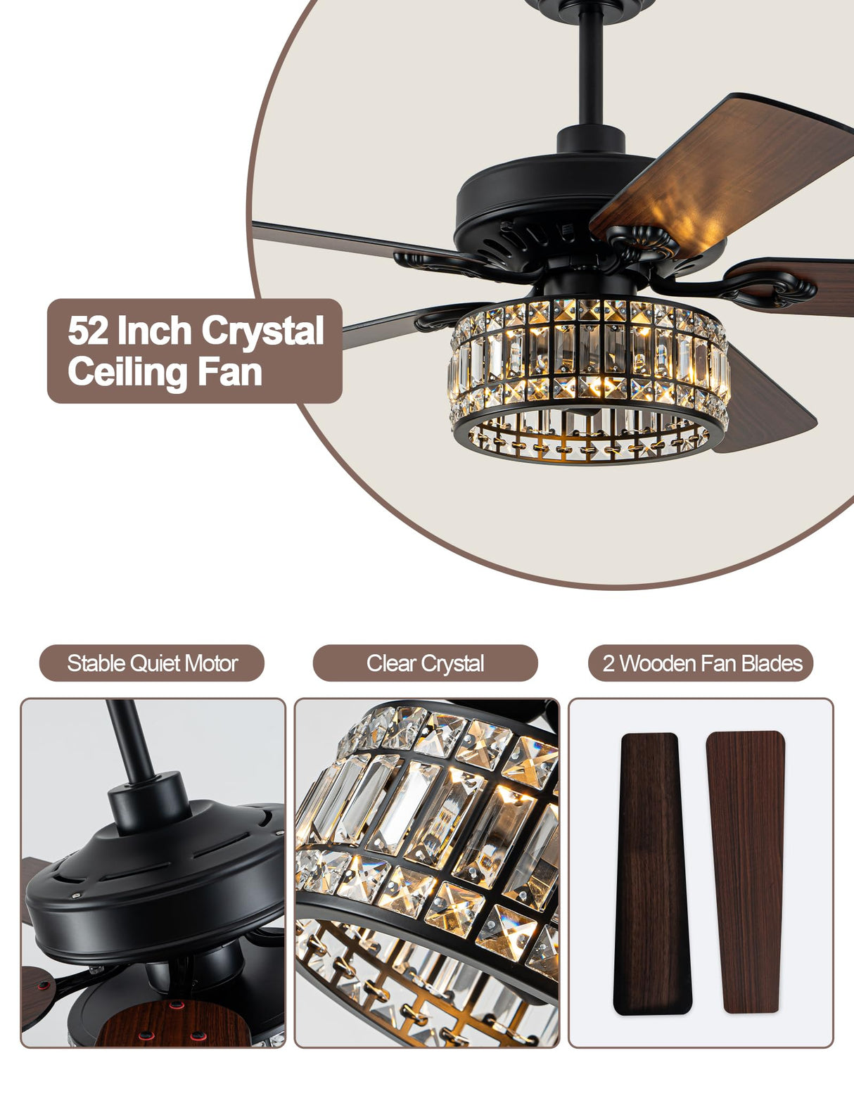 Curve Curio 52 Inch Chandelier Fan Crystal Farmhouse Ceiling Fan with Light Quiet and Reversible DC Motor for Living Room Bedroom Patio Curve Curio