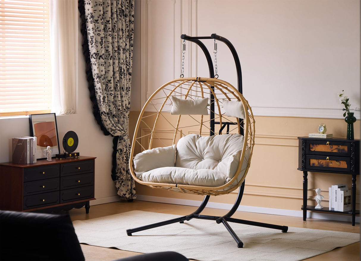 Double Hanging Egg Chair with Stand - Indoor/Outdoor Hammock Chair & Hanging Egg Chair | Rattan Wicker, UV Resistant Cushion & Pillow, 550LBS Capacity for Bedroom, Patio, Balcony, Garden Topfuca
