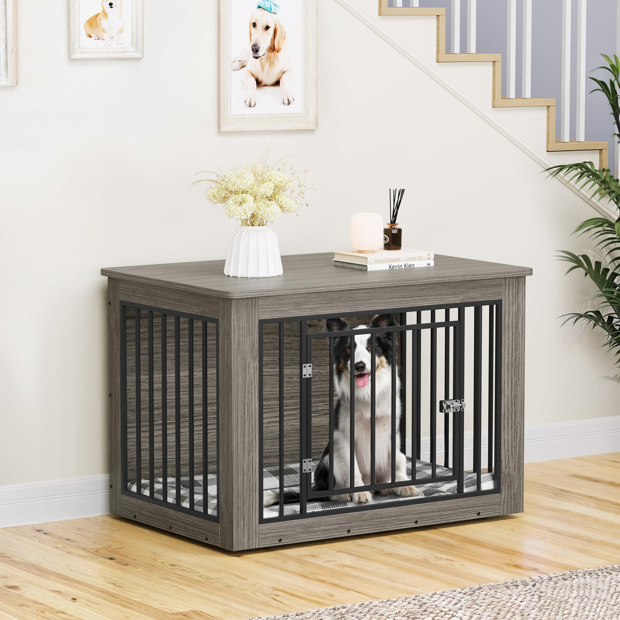 YITAHOME Dog Crate Furniture for Large Dogs, Side End Table, Modern Dogs Kennel Indoor up to 60 lb, 2-in-1 Iron-Wood Fusion Dog Cage with Waterproof Top, Safety Corners, Steel Lock,38" L,Greige YITAHOME