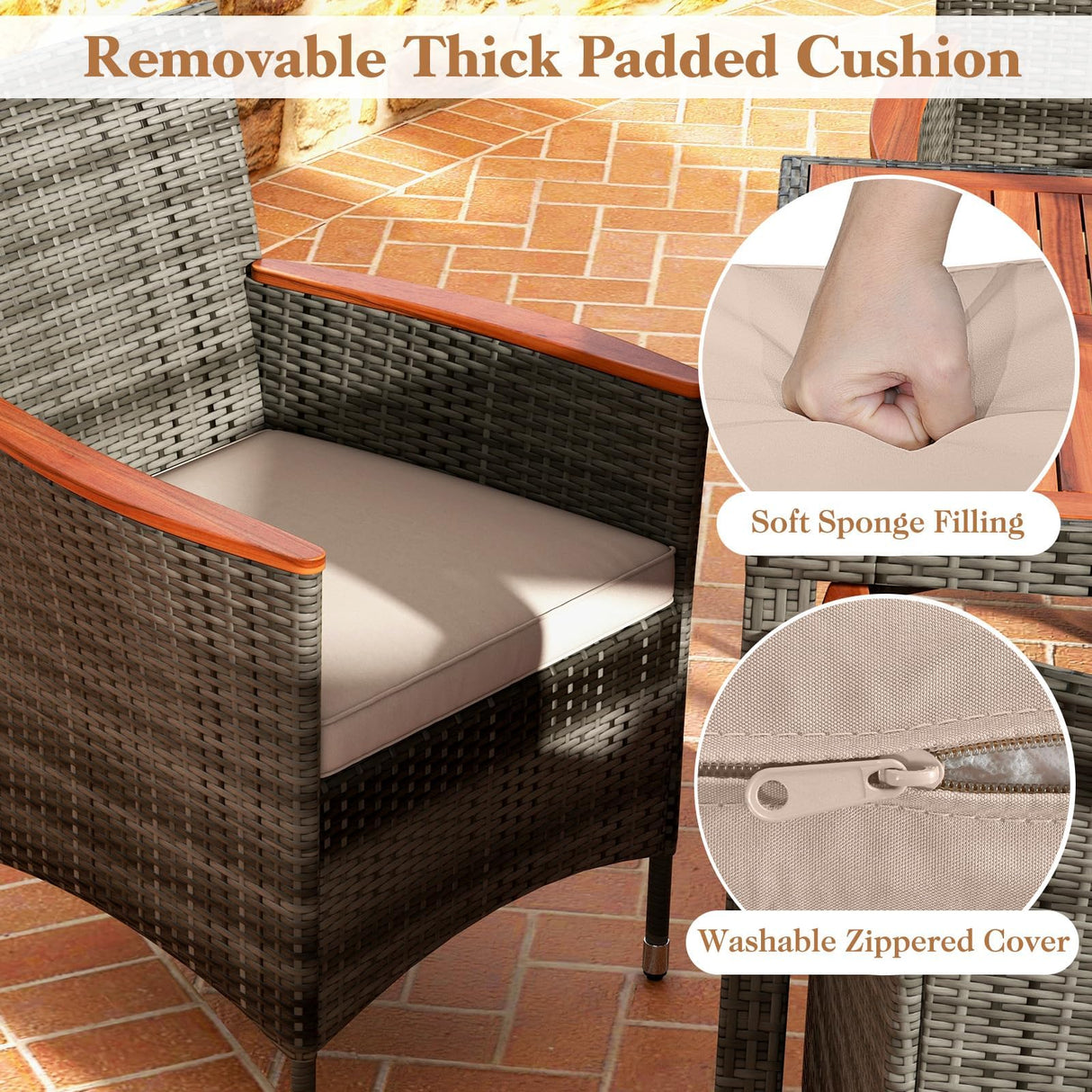 HAPPYGRILL 7 Piece Patio Rattan Dining Set Outdoor Wicker Chair & Table Set, Acacia Wood Tabletop & Armrests, Seat Cushions Included, Space-Saving Dining Set for Poolside Backyard Garden HAPPYGRILL