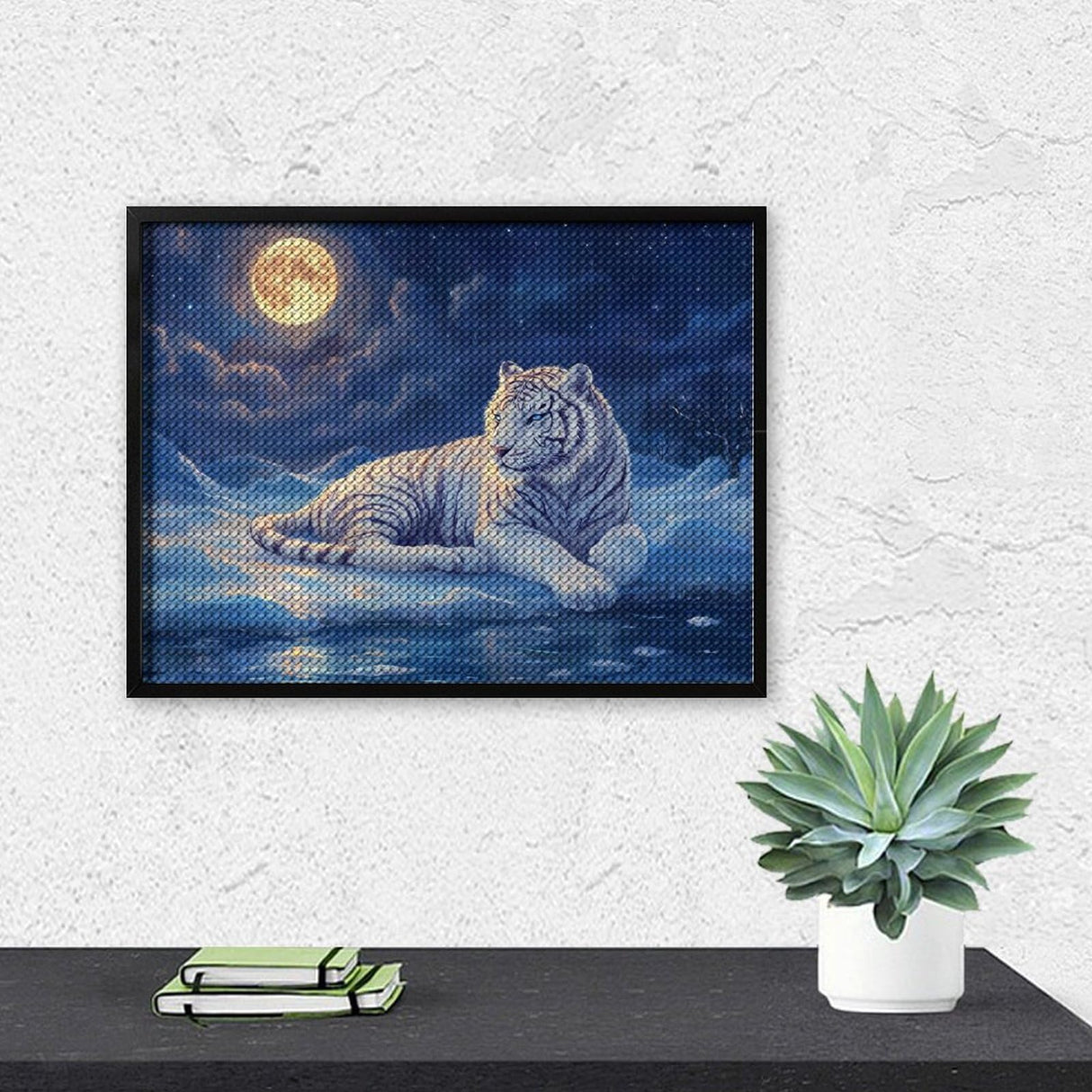Tryadren Diamond Art Kit for Adults, White Tiger Under Full Moon Diamond Painting for Adults Beginners, 5D DIY Diamond Art Painting Kits Craft for Home Wall Decor 12x16 Inch No Frame Tryadren