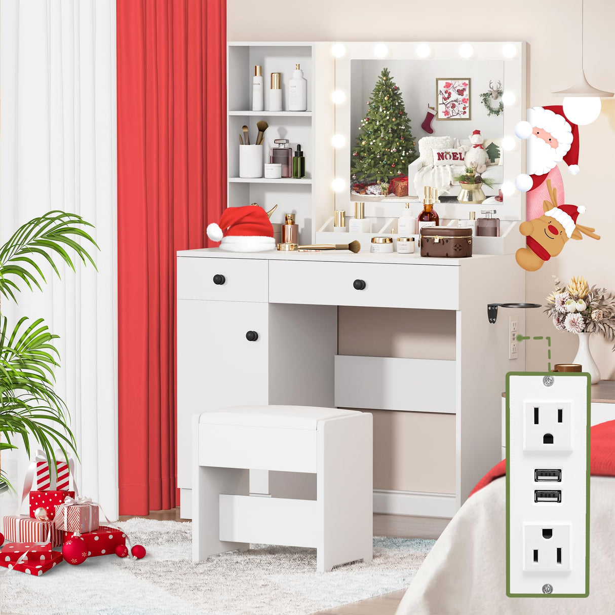Esmlada Makeup Vanity Desk with Mirror and Lights, White Vanity Table and Chair Set with Power Outlets, 2 Drawers and 1 Cabinet for Girls Bedroom Esmlada