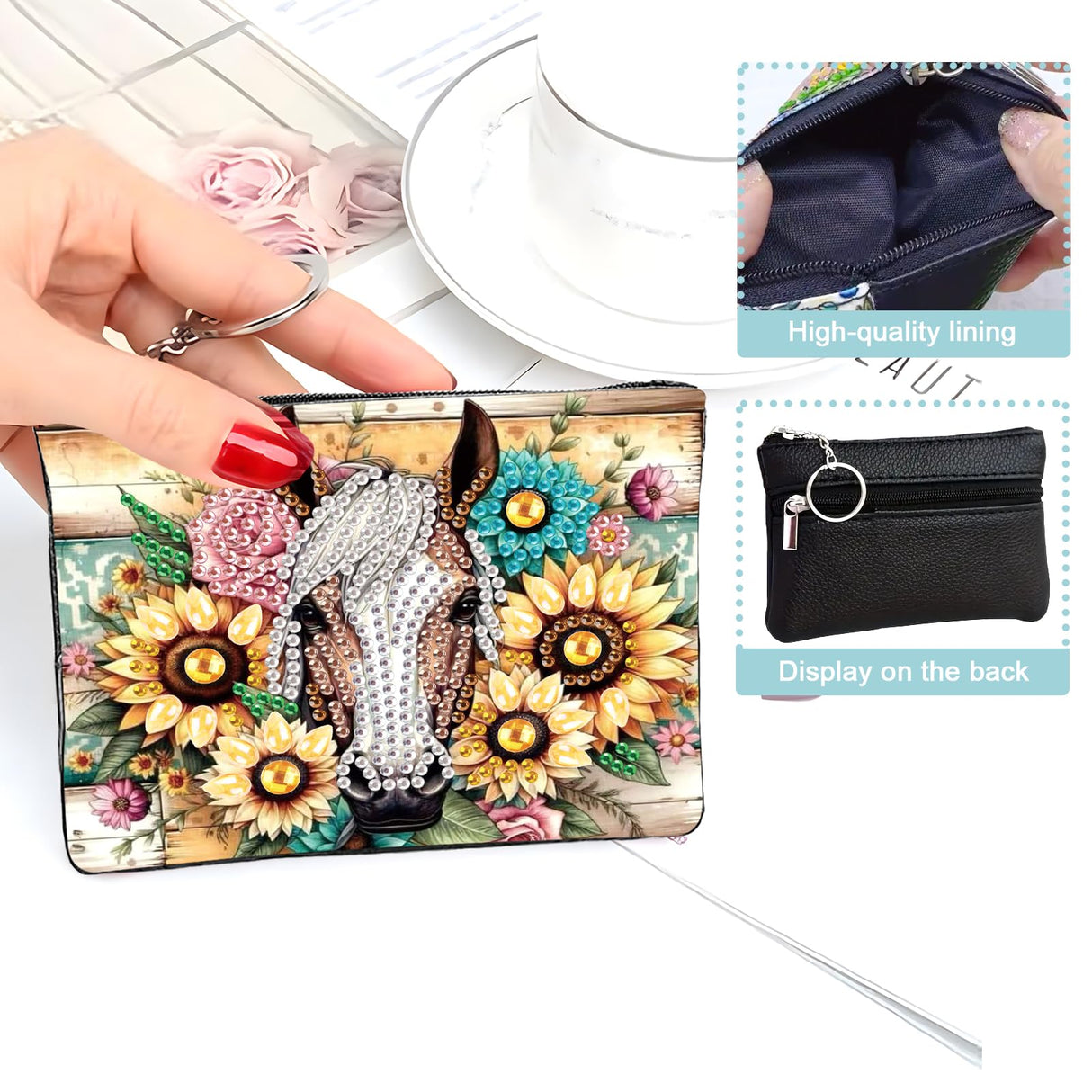 JZHYOAN DIY Diamond Art Purses and Wallets Handbags Wallet Keychain Coin Pouch Coin Purse with Zipper and Keyring Diamond Painting Small Coin Purse for Women Cards Keys Horse JZHYOAN
