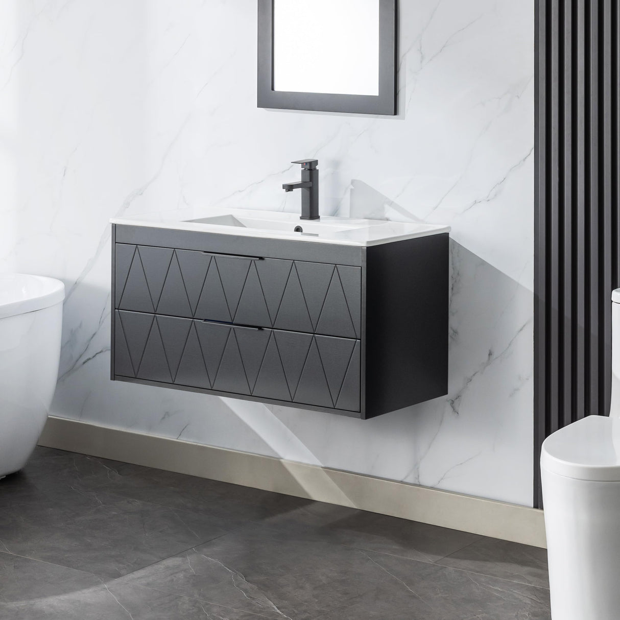 eclife 36" Bathroom Vanities Cabinet with Sink Combo, Wall Mounted Floating Cabinet W/Decor Line, Soft-Close System, 2 Extra Big Drawers, Matte Black Faucet, Black eclife