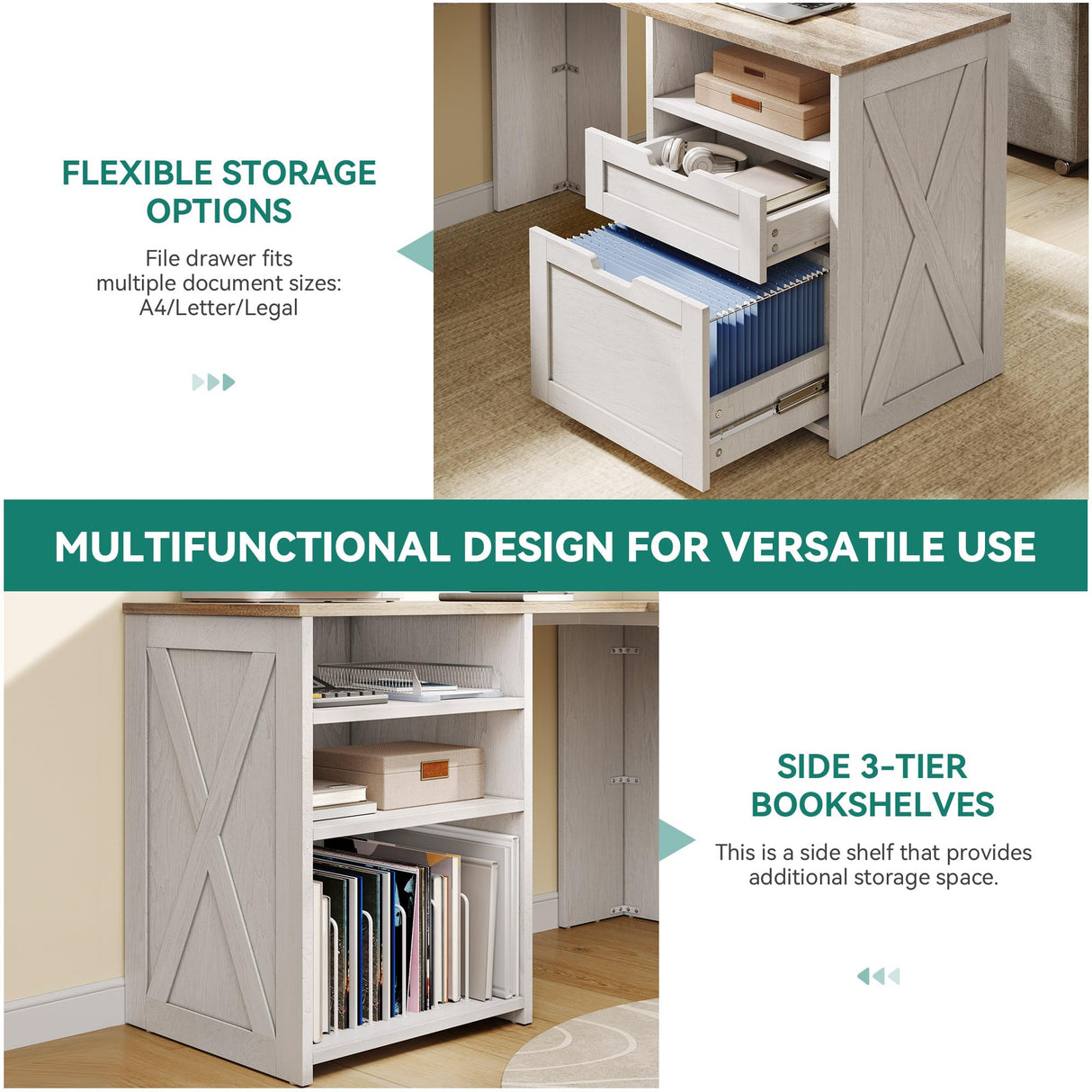 YITAHOME U Shaped Desk with Power Outlet & LED Lights, Farmhouse Computer Desk with Drawers, Wood Desk Home Office Desk with Monitor Stand & 5 Cubbies Storage Shelves, Grey Wash YITAHOME