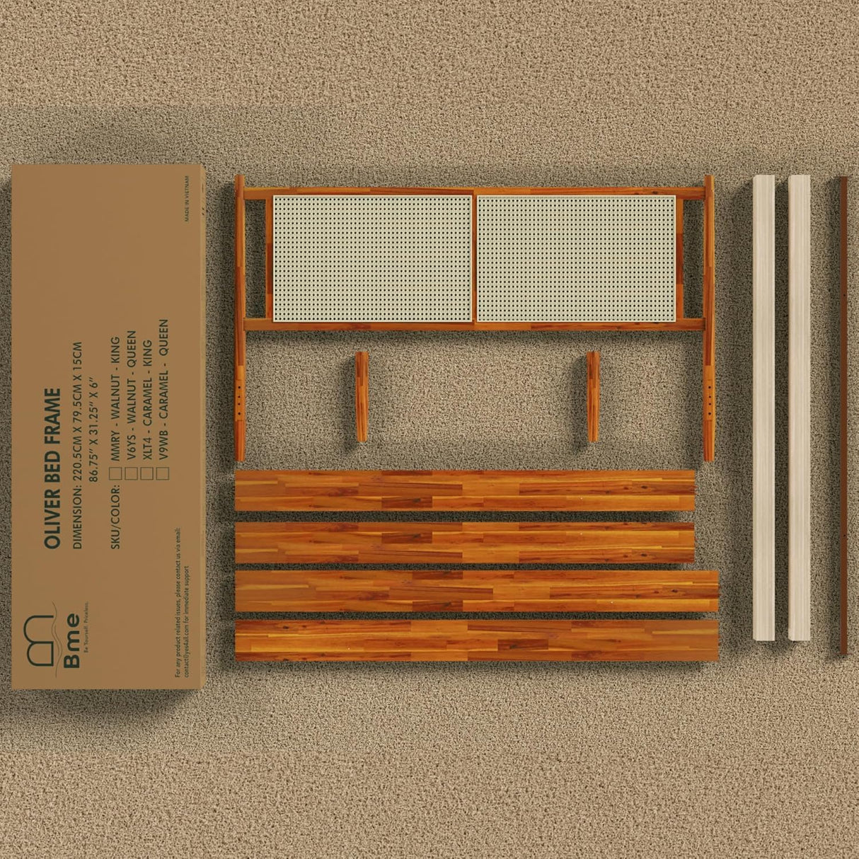 Bme Oliver Headboard Queen Size Bed Frame - 15-Inch Signature Design with Rattan Headboard, Bohemian and Mid Century Style, 12-Slat Wood Support, No Box Spring Needed - Easy Assembly, Caramel Bme