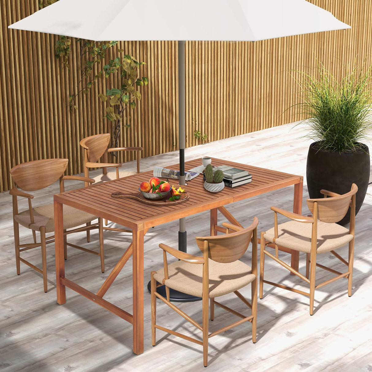 Tangkula Indoor Outdoor Acacia Wood Dining Table for 4-6 Person, Patio Rectangular Dining Table with 2 Inch Umbrella Hole and Support Bars, Outdoor Patio Table Tangkula