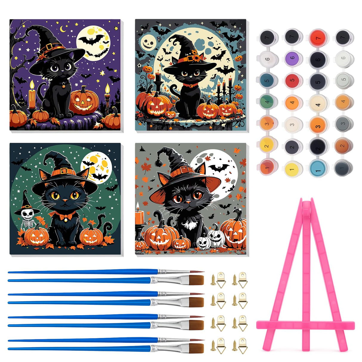 Vodolo 4 Pack Halloween Paint by Numbers Cat with Frame,Easy DIY Halloween Painting Kit Vodolo