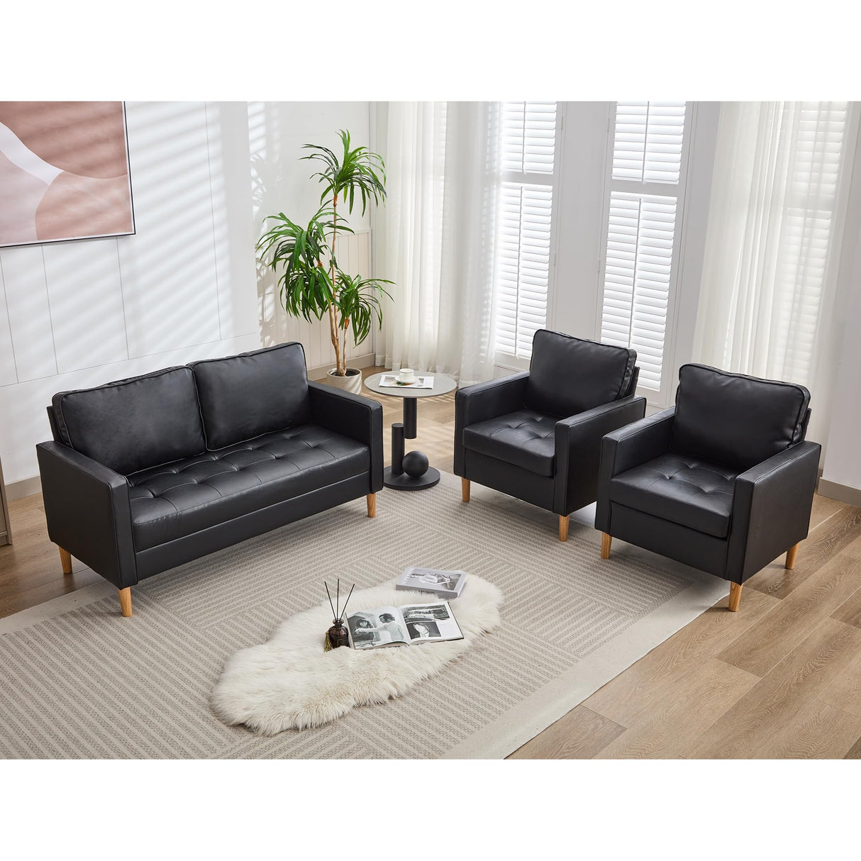 TYBOATLE 57" Small Black Faux Leather Sofa Couches, 3 Piece Living Room Set, Mid-Century Modern Tufted Comfy Loveseat, 2 Seater Office Couch Love Seat for Small Space Bedroom Drom Apartment TYBOATLE