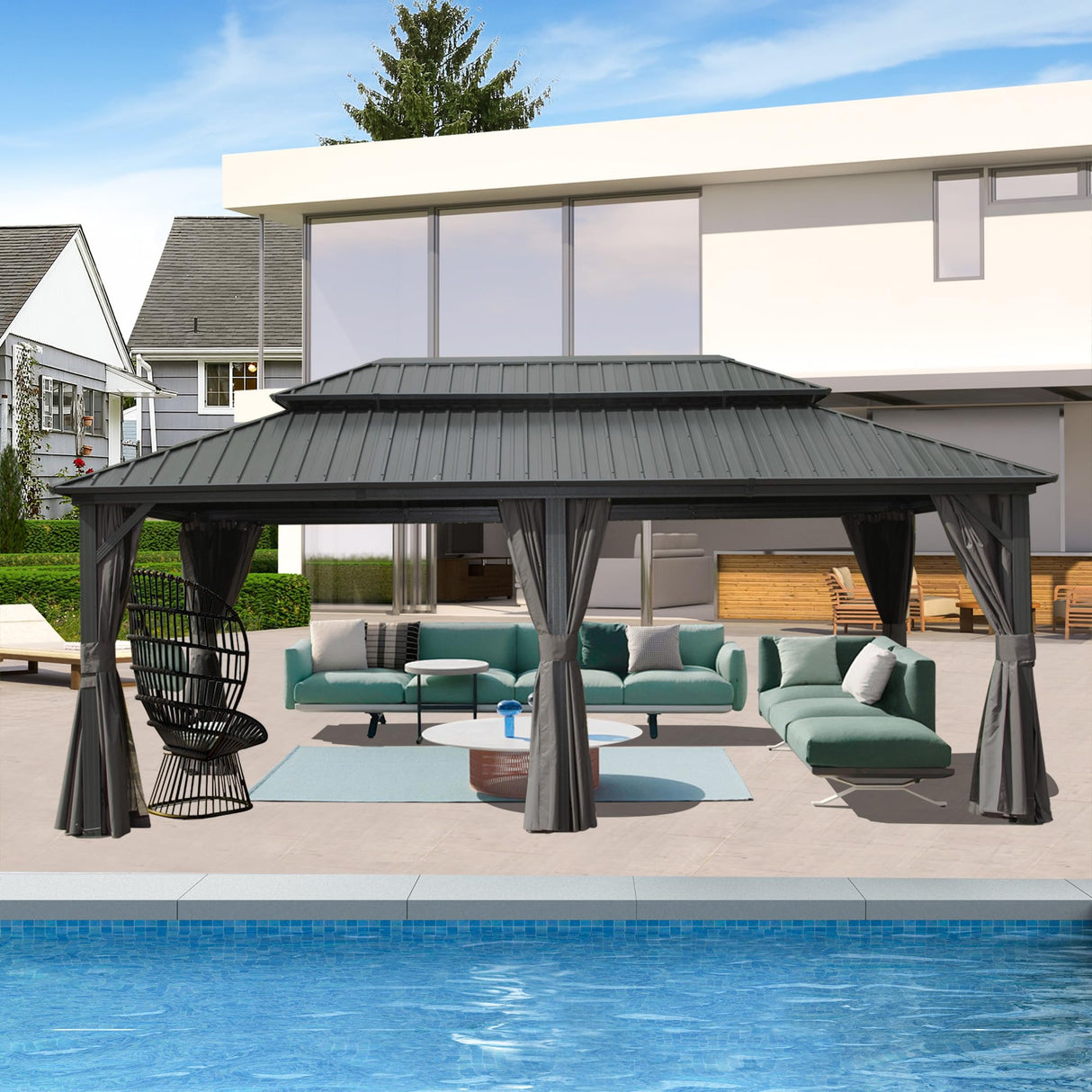 SHPAI Hardtop Gazebo 12x18FT, Aluminum Outdoor Gazebo with Galvanized Steel Double Roof Canopy, Curtains and Nettings, Metal Gazebo Permanent Pavilion for Patio Wedding, Party, Outdoor Dining, Gray SHPAI