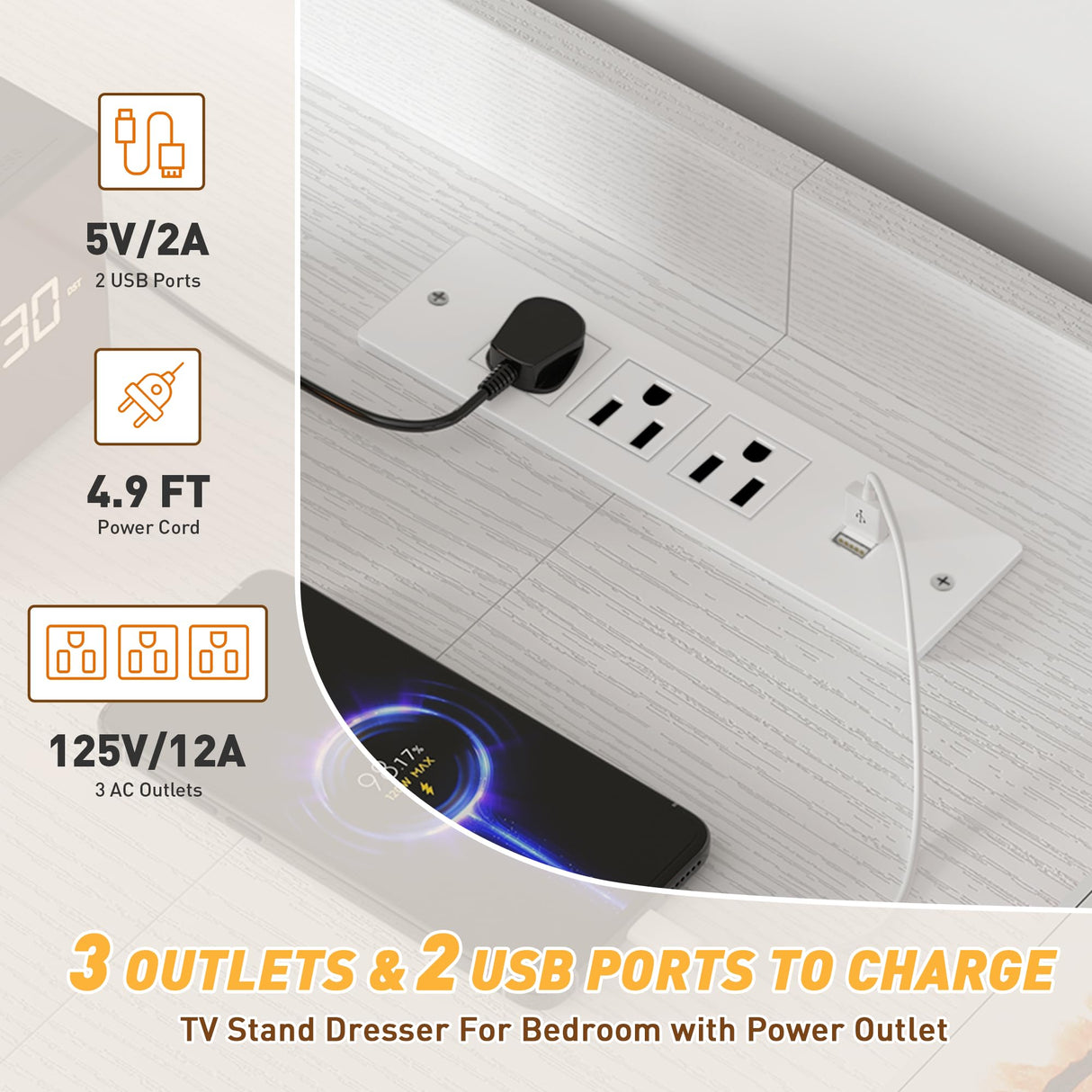 EnHomee Dresser for Bedroom with 11 Drawers for 60" TV Stand for Bedroom with LED Lights & Charging Station Long Dresser with Shelves & 4 Hooks Sturdy Metal Frame & Fabric Drawers (White) EnHomee