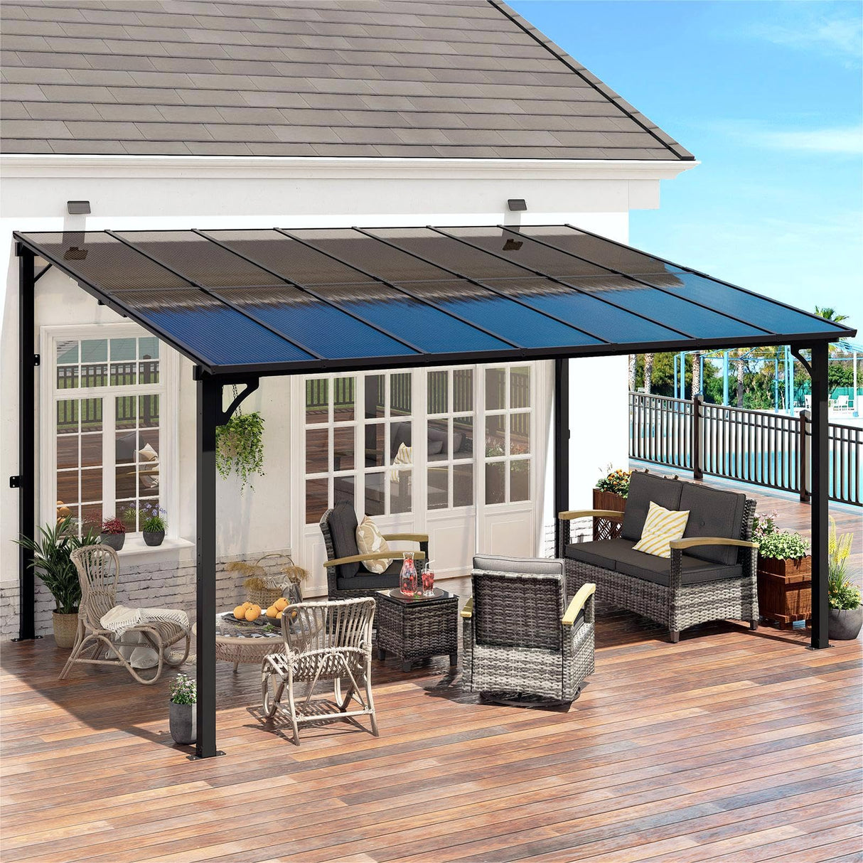 MEISSALIVVE 10' x 14' Pergola with Sloped Roof, Lean to Metal Awning for Outdoor Patio, Deck, Black MEISSALIVVE