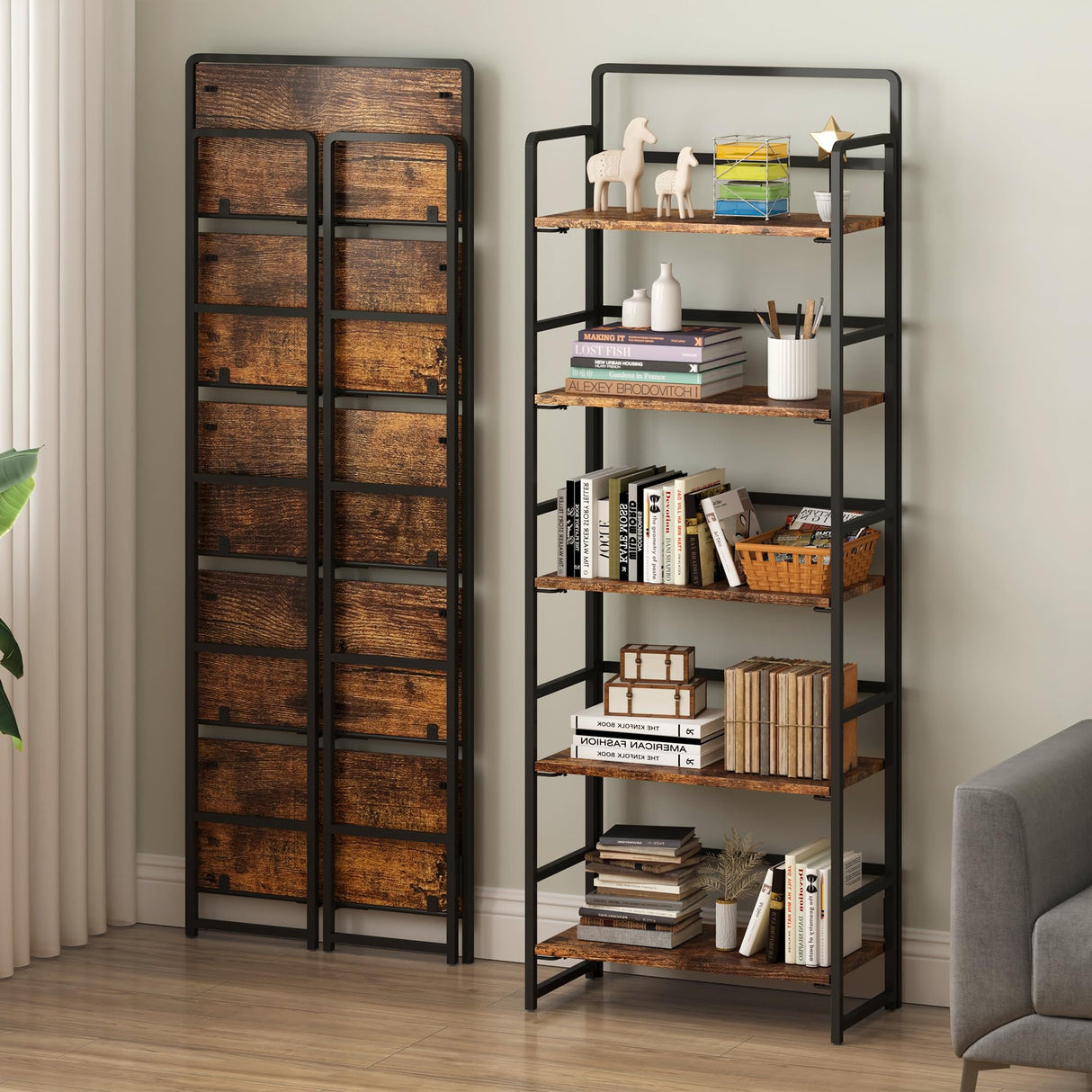 4NM No-Assembly 5 Tiers Folding Bookshelf Storage Shelves Vintage Bookcase Standing Racks Study Organizer Home Office (Rustic Brown) 4NM