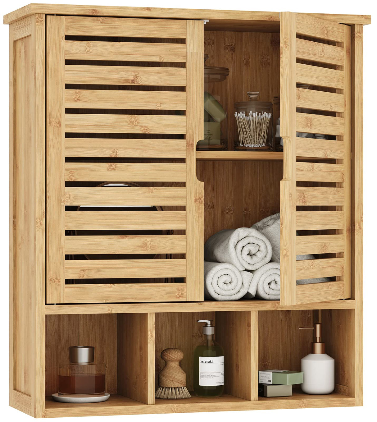 FORABAMB Bathroom Wall Storage Cabinet, Bamboo Medicine Cabinet with Doors and Adjustable Shelves, Bathroom Medicine Cabinet Wall Mount, Wall Mounted Over-The-Toilet Storage Cabinet FORABAMB