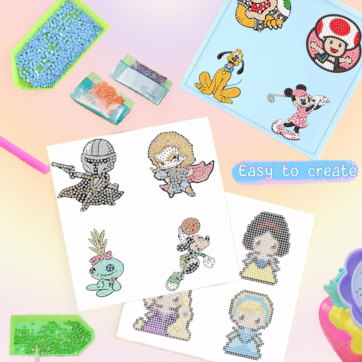 KOJEFCV 48 Pcs Cartoon Diamond Art Painting Sticker Kits for Kids-Cartoon Diamond Gem Stickers Kit,5D Gem Art Stickers Mosaic for Kids Gift for Boys Girls 4-8-10-12 Years Old KOJEFCV