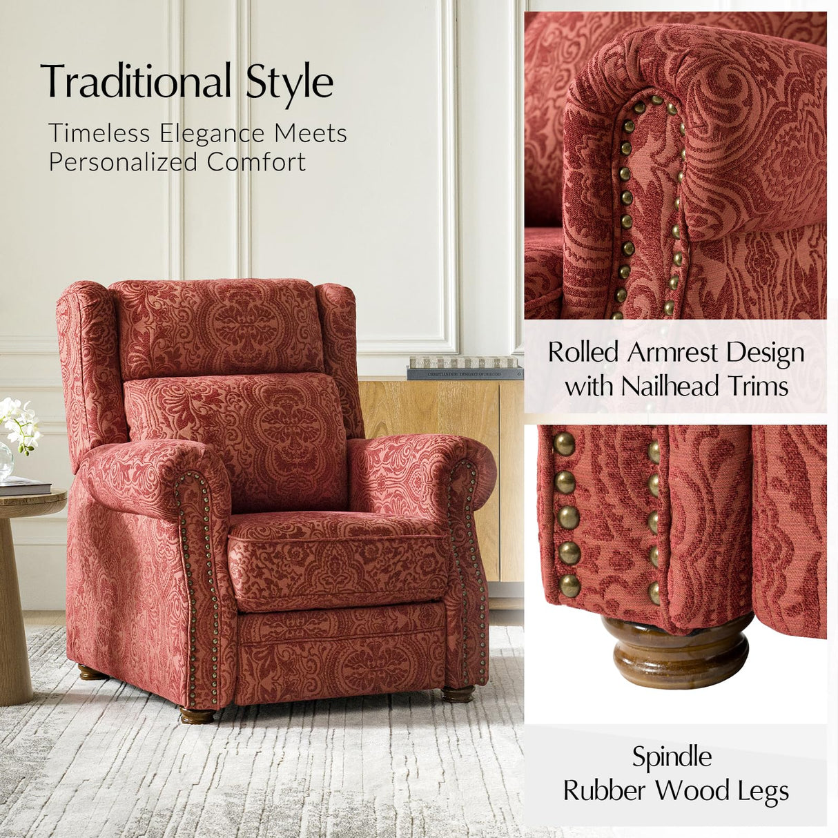 HULALA HOME Printed Fabric Manual Recliner, Traditional Push Back Recliner Armchair with Adjustable Backrest & Footrest, Comfy Upholstered Lazyboy Single Sofa with Nailhead Trim, Damask Floral HULALA HOME