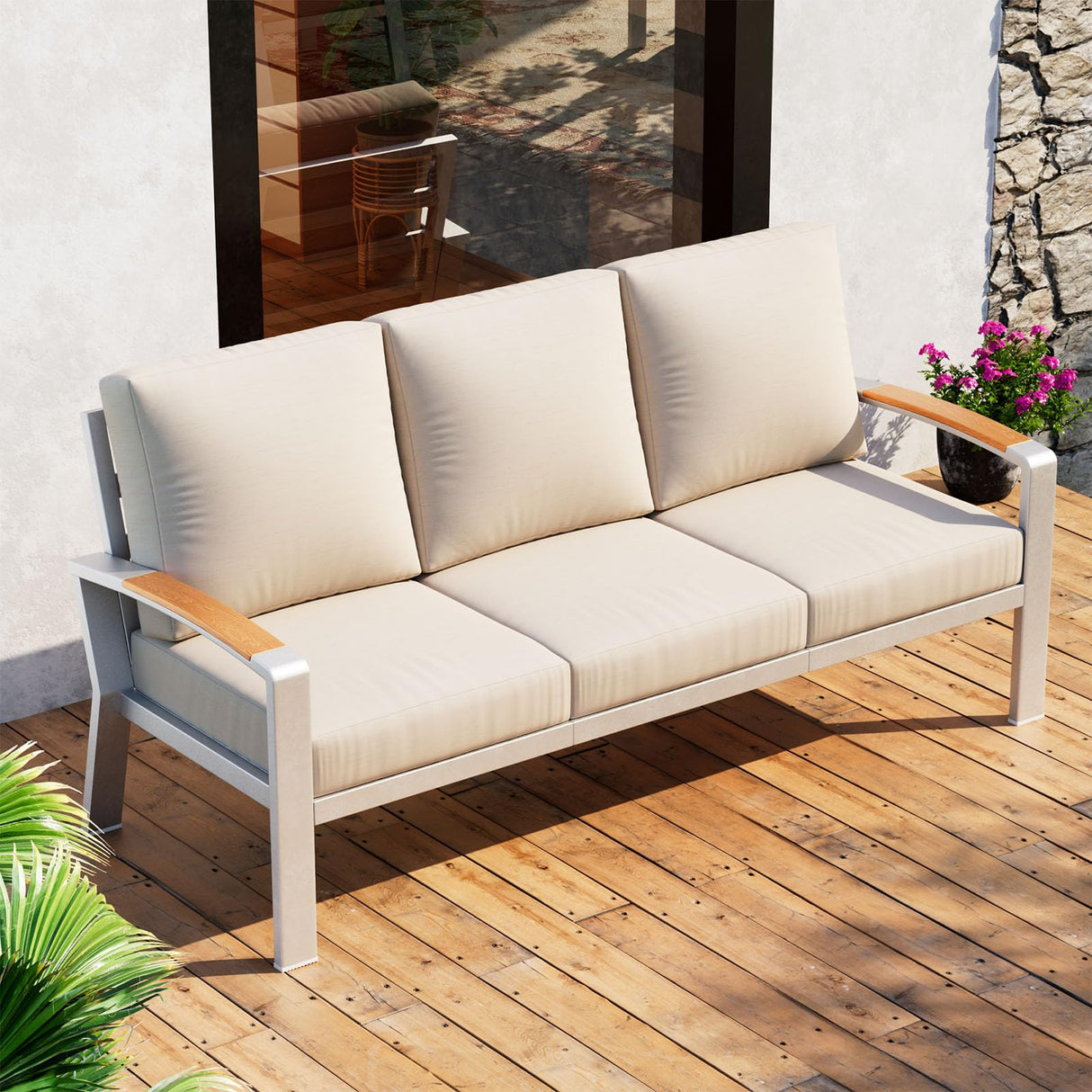 K Knowbody Aluminum Patio Furniture, Light Metal Outdoor 3-Seat Sofa, Curved Armrests, Olefin Cushions, Cast Sectional Sofa Chairs for Balcony, Porch, Backyard, Beige/Silver K Knowbody