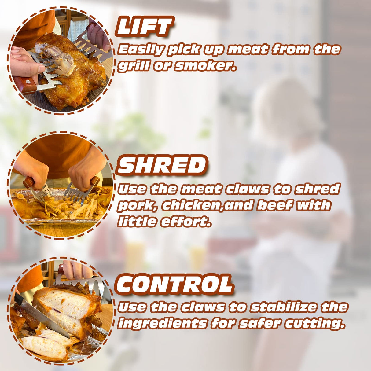 LOPE & NG Meat Handler Shredder Claws Set Of 2 - Wood Stainless Steel BBQ Pulled Pork Paws For Shredding Handing Carving Food LOPE & NG