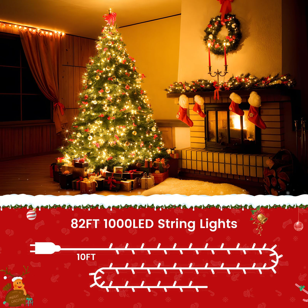 Areker 82ft 1000LED Christmas Lights Outdoor Indoor, Green Wire Christmas String Lights Plug in, Ultra Bright 8 Modes Waterproof Fairy Lights for Xmas Tree Party Wedding Decoration, Warm White Areker