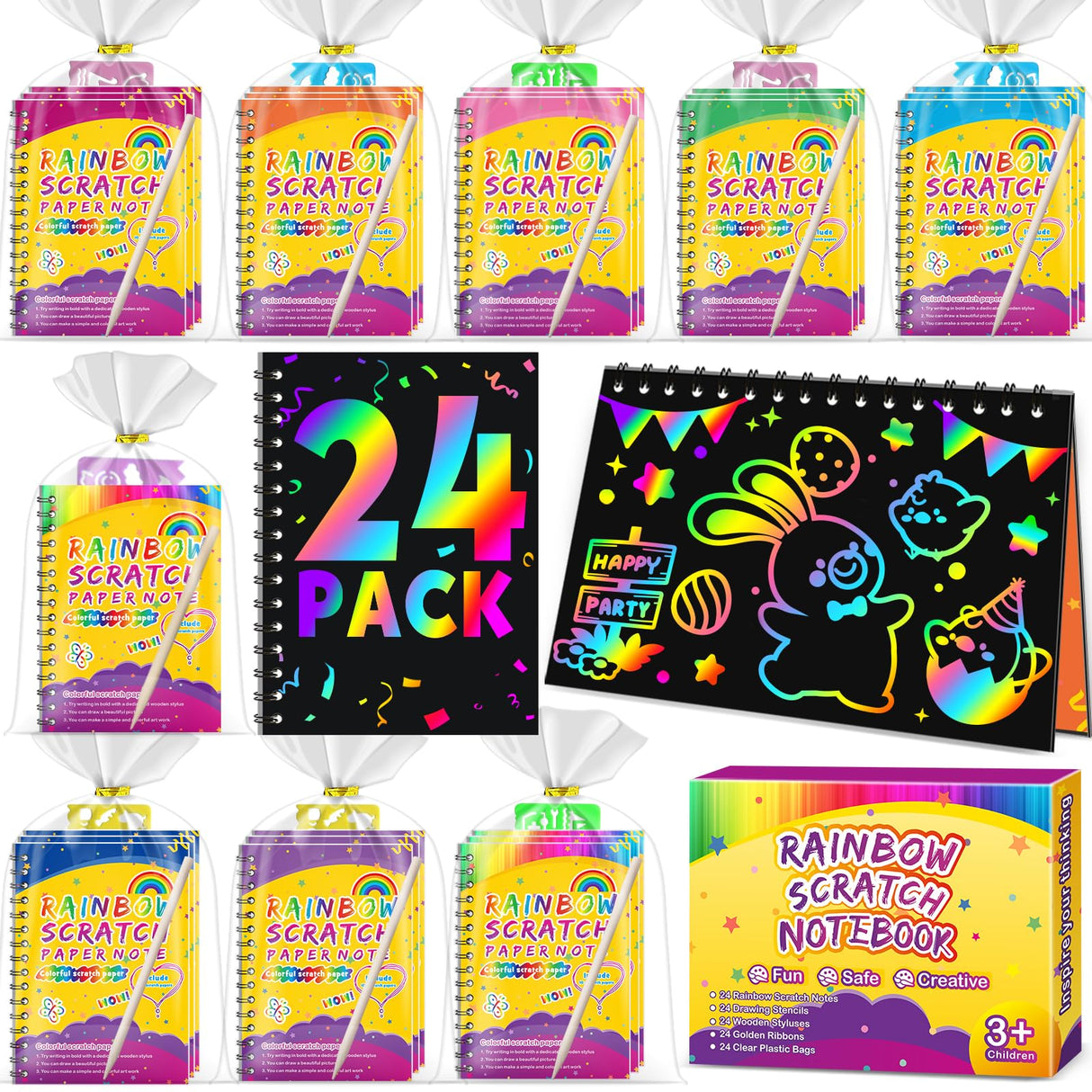 Party Favors for Kids 4-8-12: 24 Pack Scratch Rainbow Art Crafts Notebook, Coloring Book Goodie Bags Stuffers Kit, Bulk Birthday Gift Classroom Prizes Girl Boy Toddler Pigipigi Kids